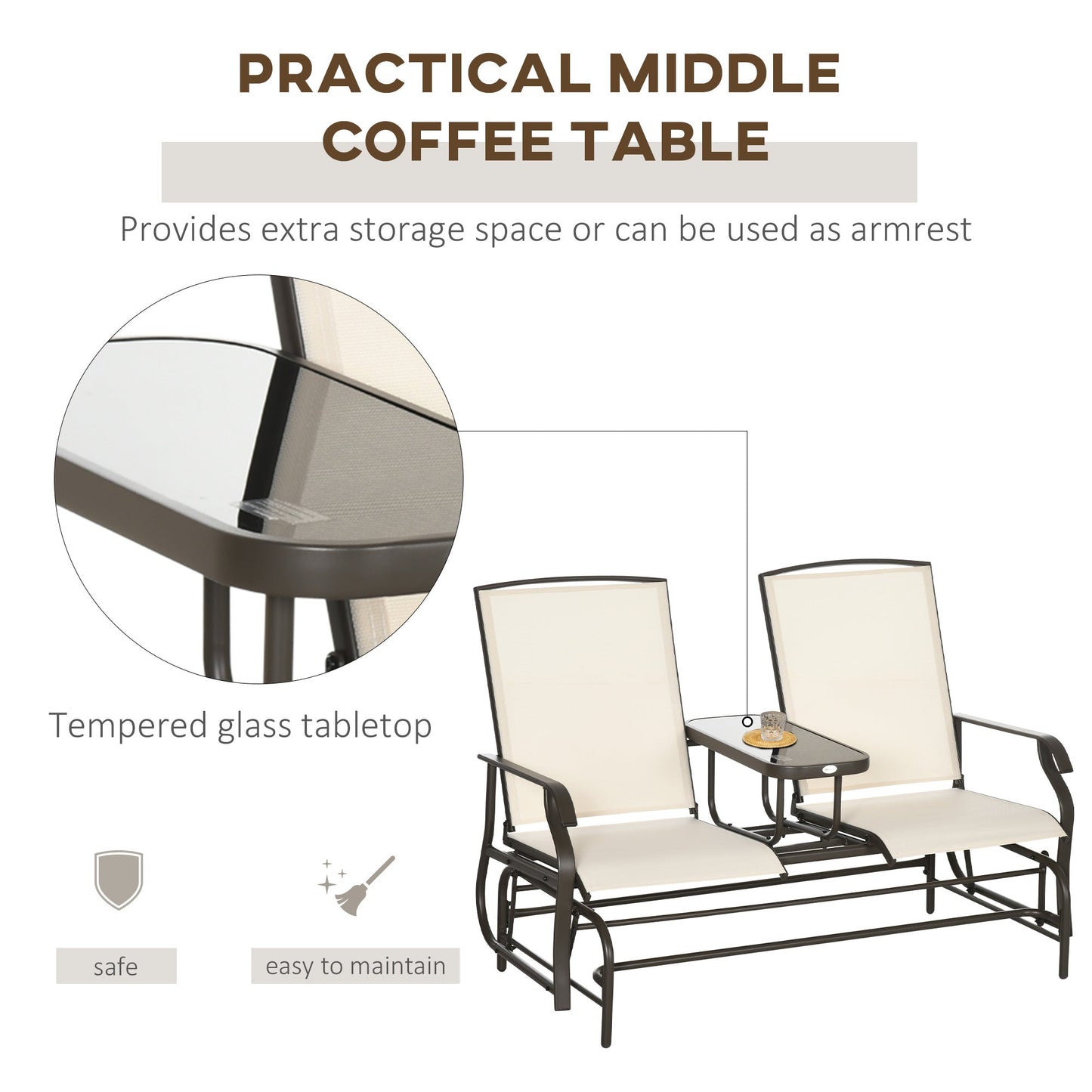 Outdoor Glider Bench with Table, Patio Loveseat for 2 Persons, Garden Glider Rocking Chair with Breathable Mesh Fabric, Beige