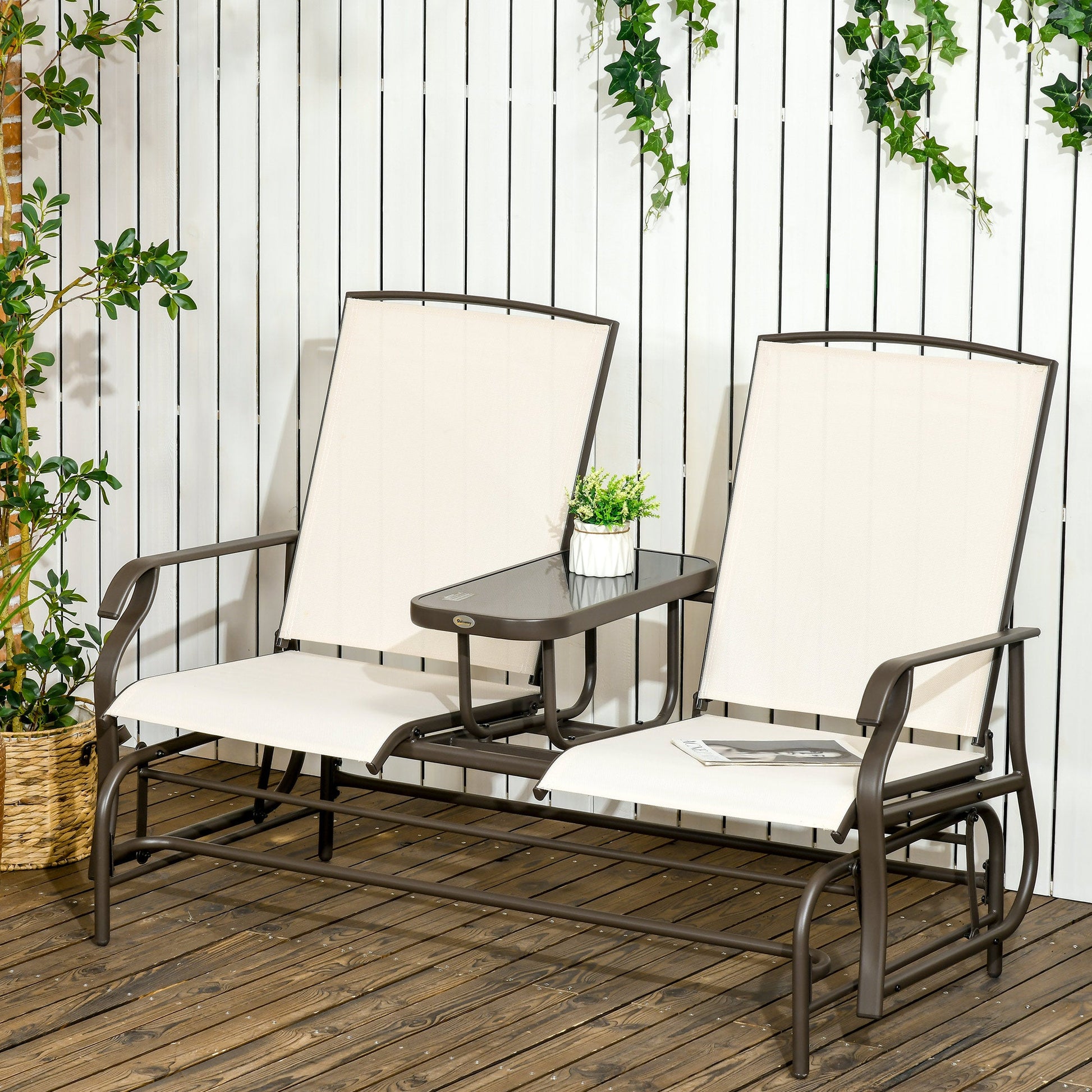 Outdoor Glider Bench with Table, Patio Loveseat for 2 Persons, Garden Glider Rocking Chair with Breathable Mesh Fabric, Beige