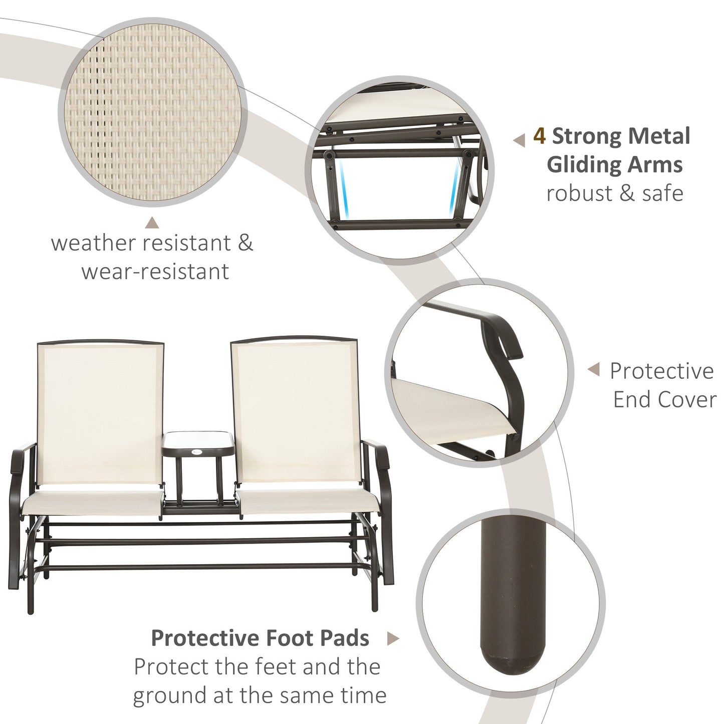 Outdoor Glider Bench with Table, Patio Loveseat for 2 Persons, Garden Glider Rocking Chair with Breathable Mesh Fabric, Beige