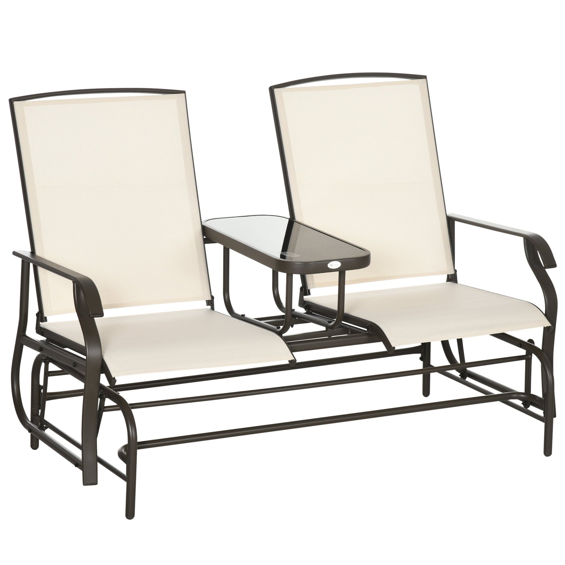 Outdoor Glider Bench with Table, Patio Loveseat for 2 Persons, Garden Glider Rocking Chair with Breathable Mesh Fabric, Beige