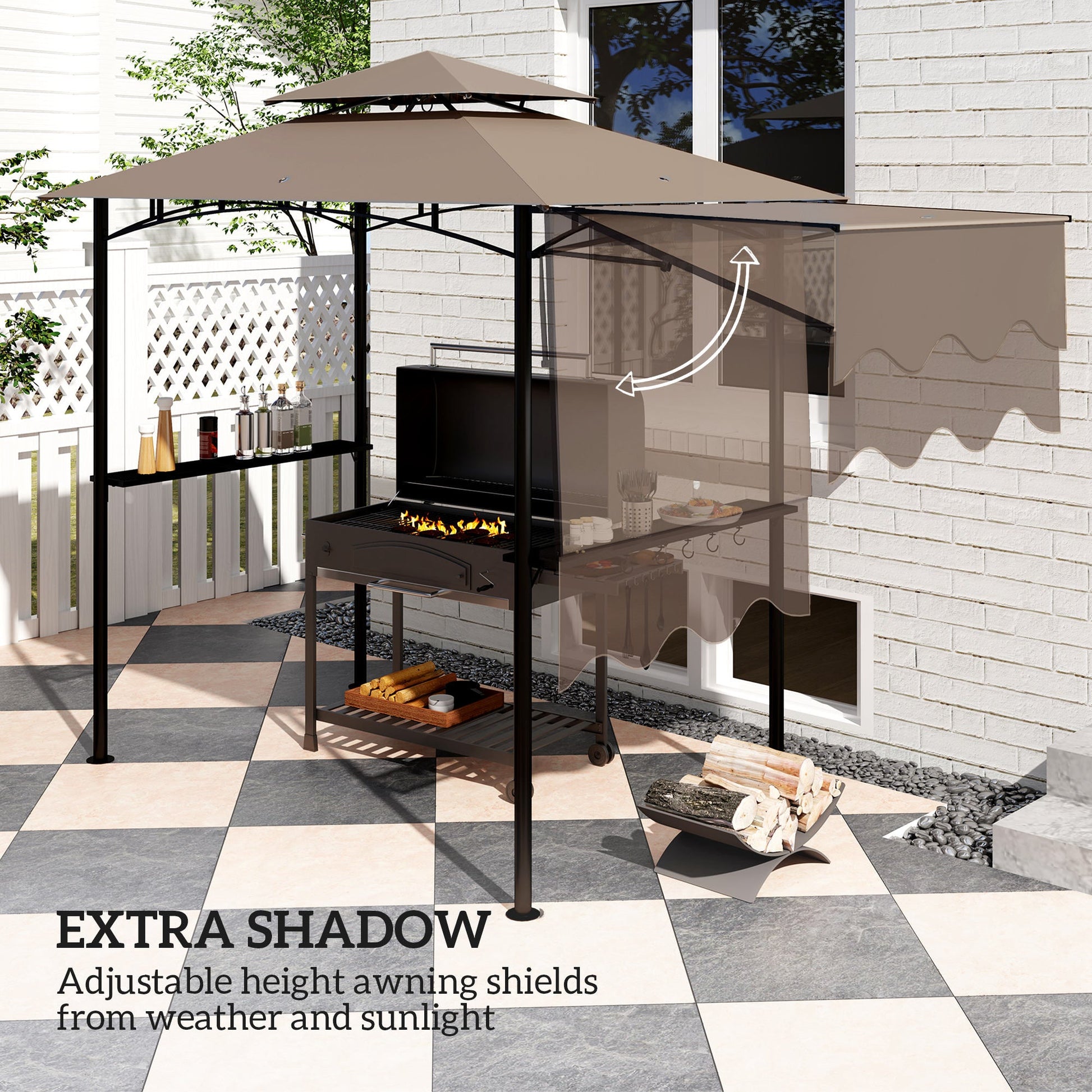 8' x 5' Grill Gazebo, Double Tiered Outdoor BBQ Gazebo with Side Awning, 2 Side Shelves and 6 Hooks, Barbecue Grill Gazebo Shelter for Patio, Garden, Backyard, Khaki