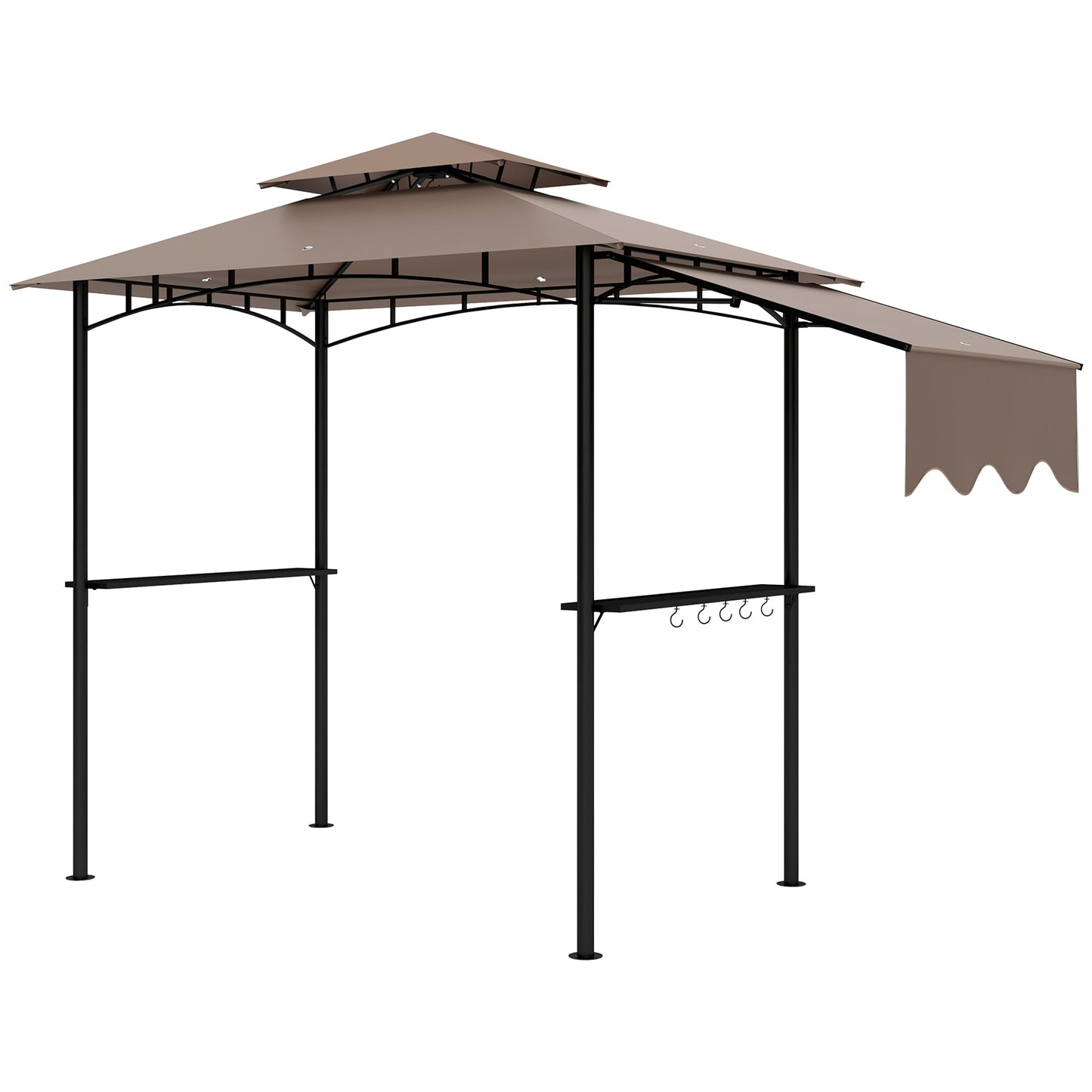8' x 5' Grill Gazebo, Double Tiered Outdoor BBQ Gazebo with Side Awning, 2 Side Shelves and 6 Hooks, Barbecue Grill Gazebo Shelter for Patio, Garden, Backyard, Khaki