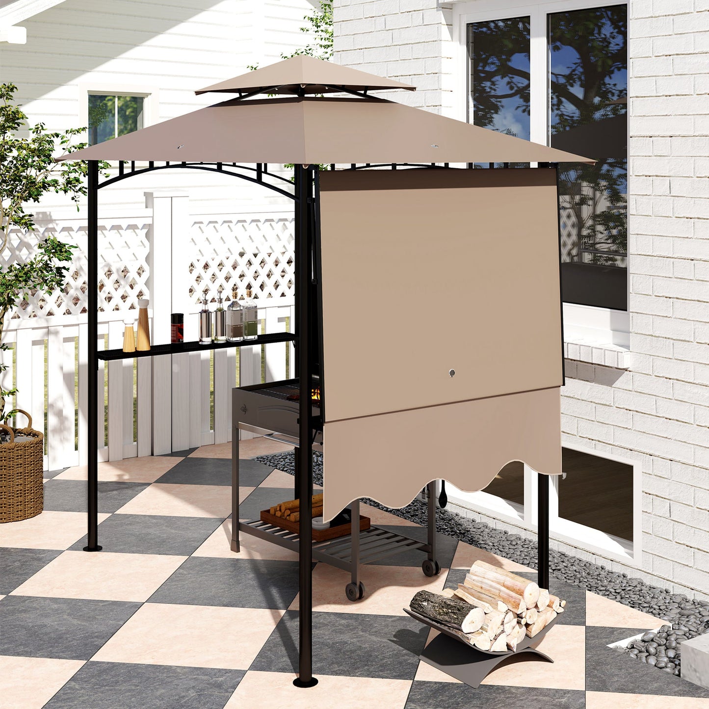 8' x 5' Grill Gazebo, Double Tiered Outdoor BBQ Gazebo with Side Awning, 2 Side Shelves and 6 Hooks, Barbecue Grill Gazebo Shelter for Patio, Garden, Backyard, Khaki