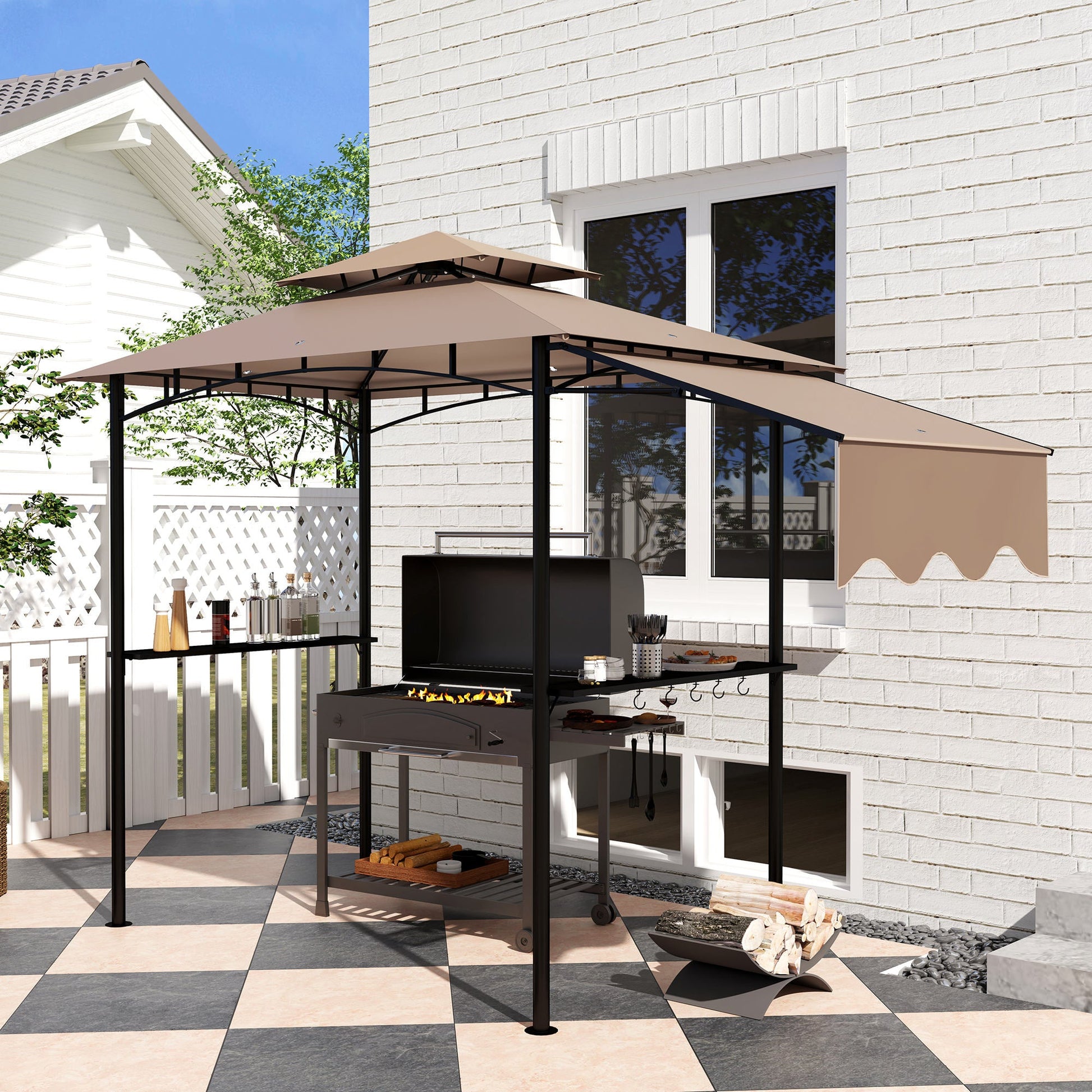 8' x 5' Grill Gazebo, Double Tiered Outdoor BBQ Gazebo with Side Awning, 2 Side Shelves and 6 Hooks, Barbecue Grill Gazebo Shelter for Patio, Garden, Backyard, Khaki