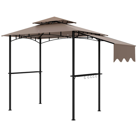 8' x 5' Grill Gazebo, Double Tiered Outdoor BBQ Gazebo with Side Awning, 2 Side Shelves and 6 Hooks, Barbecue Grill Gazebo Shelter for Patio, Garden, Backyard, Khaki