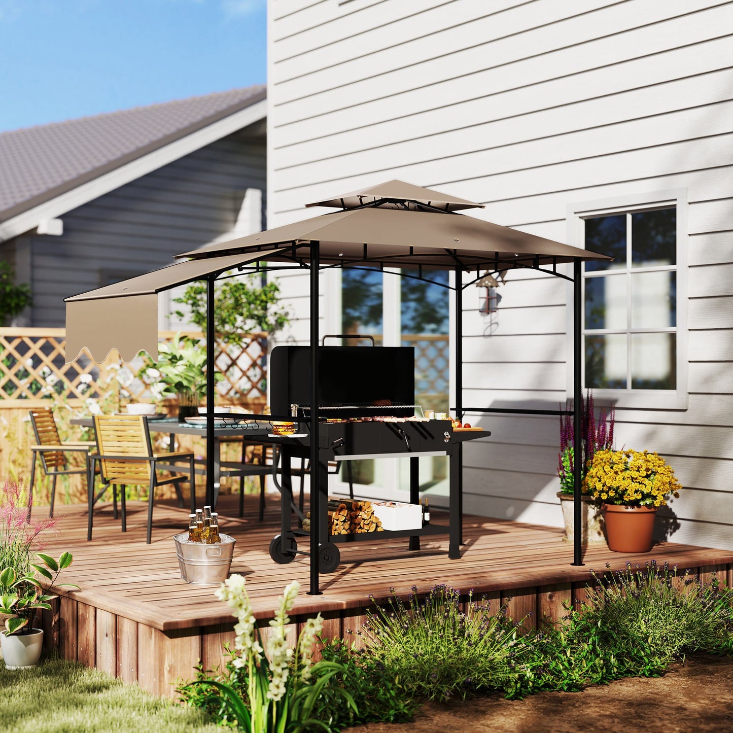 8' x 5' Grill Gazebo, Double Tiered Outdoor BBQ Gazebo with Side Awning, 2 Side Shelves and 6 Hooks, Barbecue Grill Gazebo Shelter for Patio, Garden, Backyard, Khaki