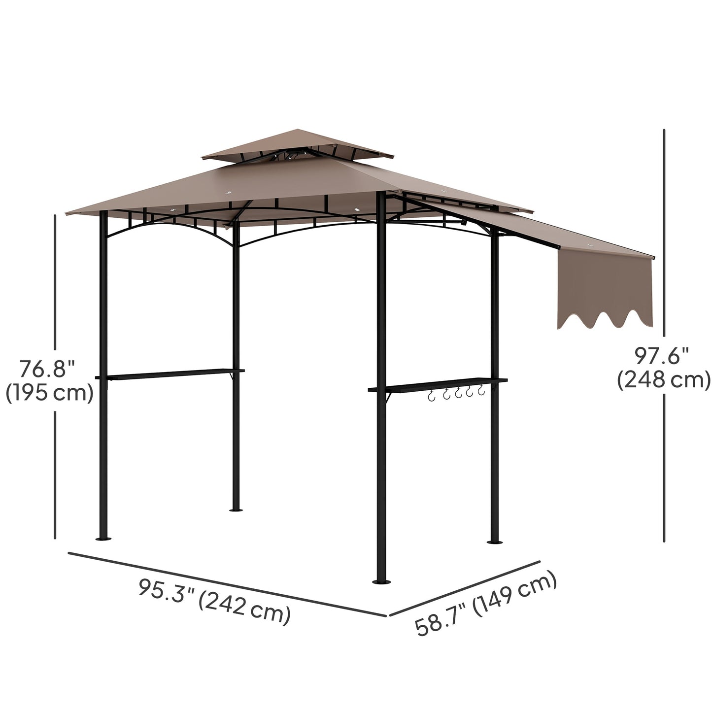 8' x 5' Grill Gazebo, Double Tiered Outdoor BBQ Gazebo with Side Awning, 2 Side Shelves and 6 Hooks, Barbecue Grill Gazebo Shelter for Patio, Garden, Backyard, Khaki