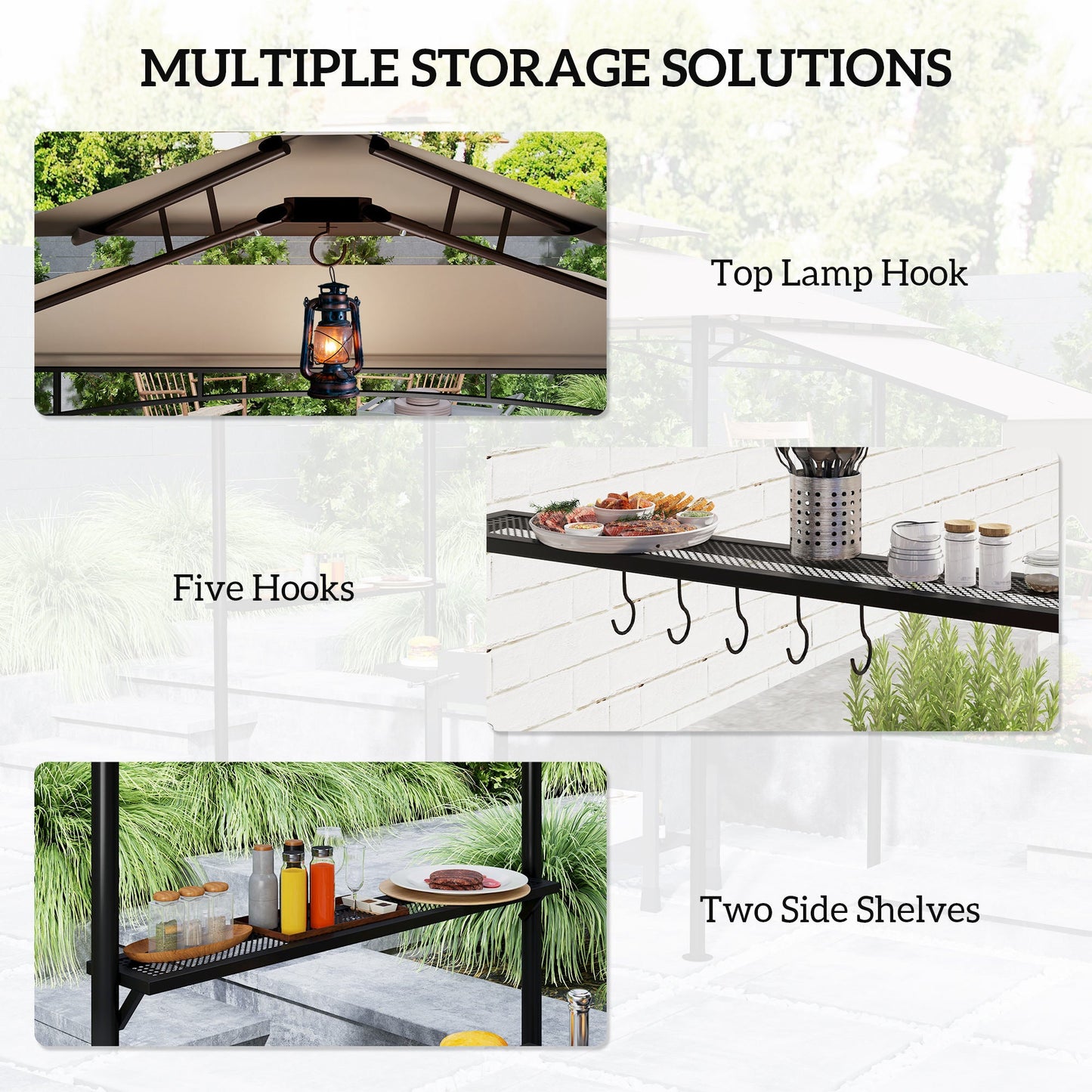 8' x 5' Grill Gazebo, Double Tiered Outdoor BBQ Gazebo with Side Awning, 2 Side Shelves and 6 Hooks, Barbecue Grill Gazebo Shelter for Patio, Garden, Backyard, Khaki