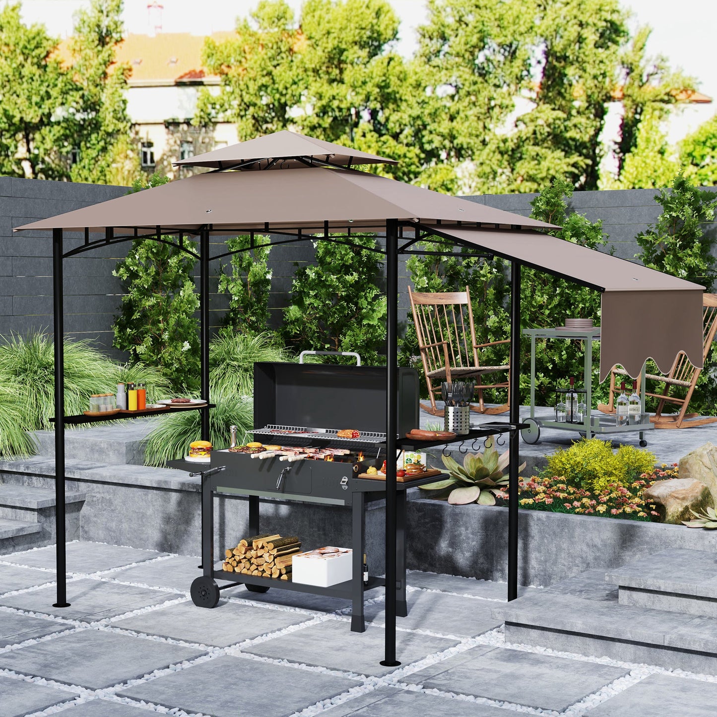8' x 5' Grill Gazebo, Double Tiered Outdoor BBQ Gazebo with Side Awning, 2 Side Shelves and 6 Hooks, Barbecue Grill Gazebo Shelter for Patio, Garden, Backyard, Khaki