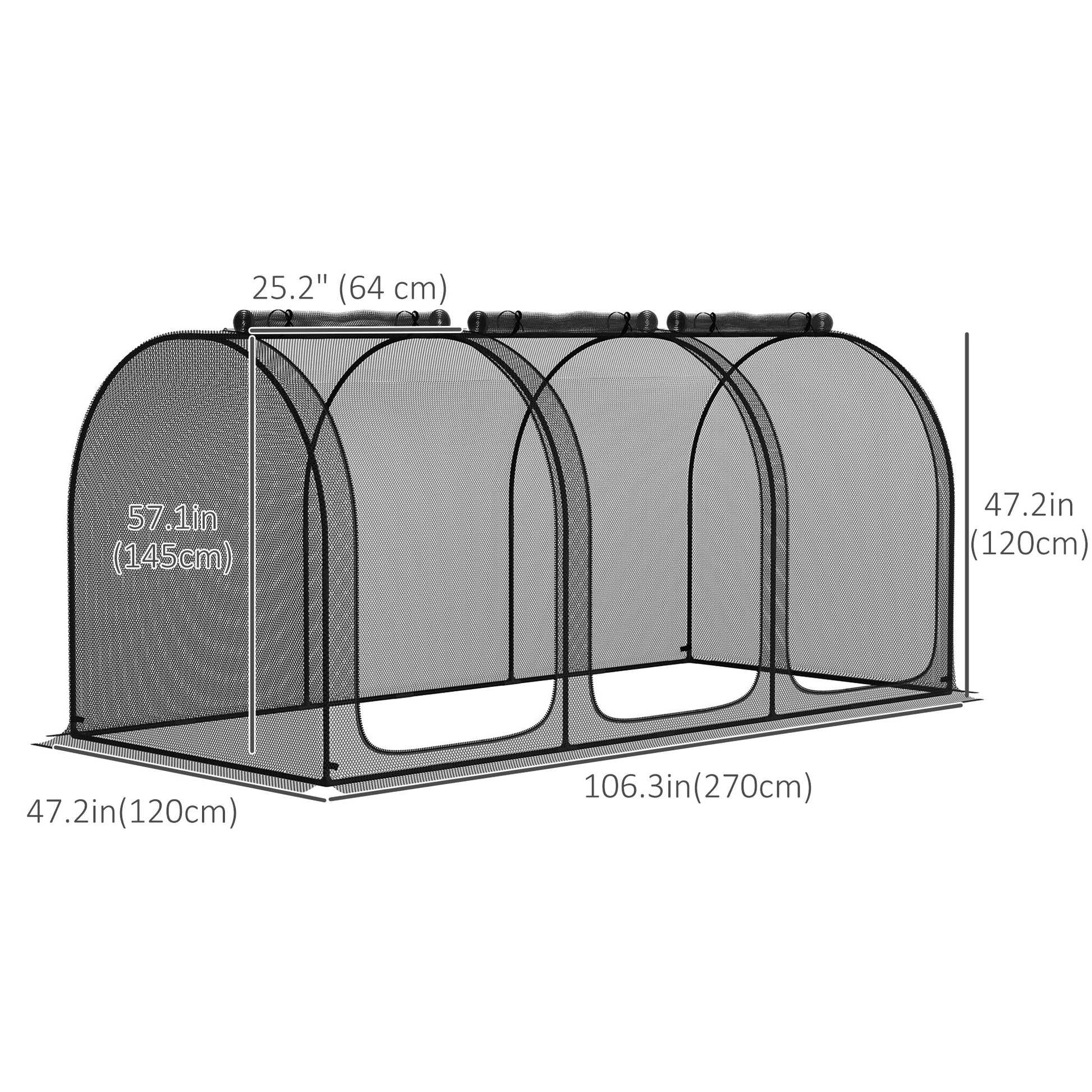9' x 4' Crop Cage, Plant Protection Tent, with Three Zippered Doors and 4 Ground Stakes, for Garden, Yard, Lawn, Black