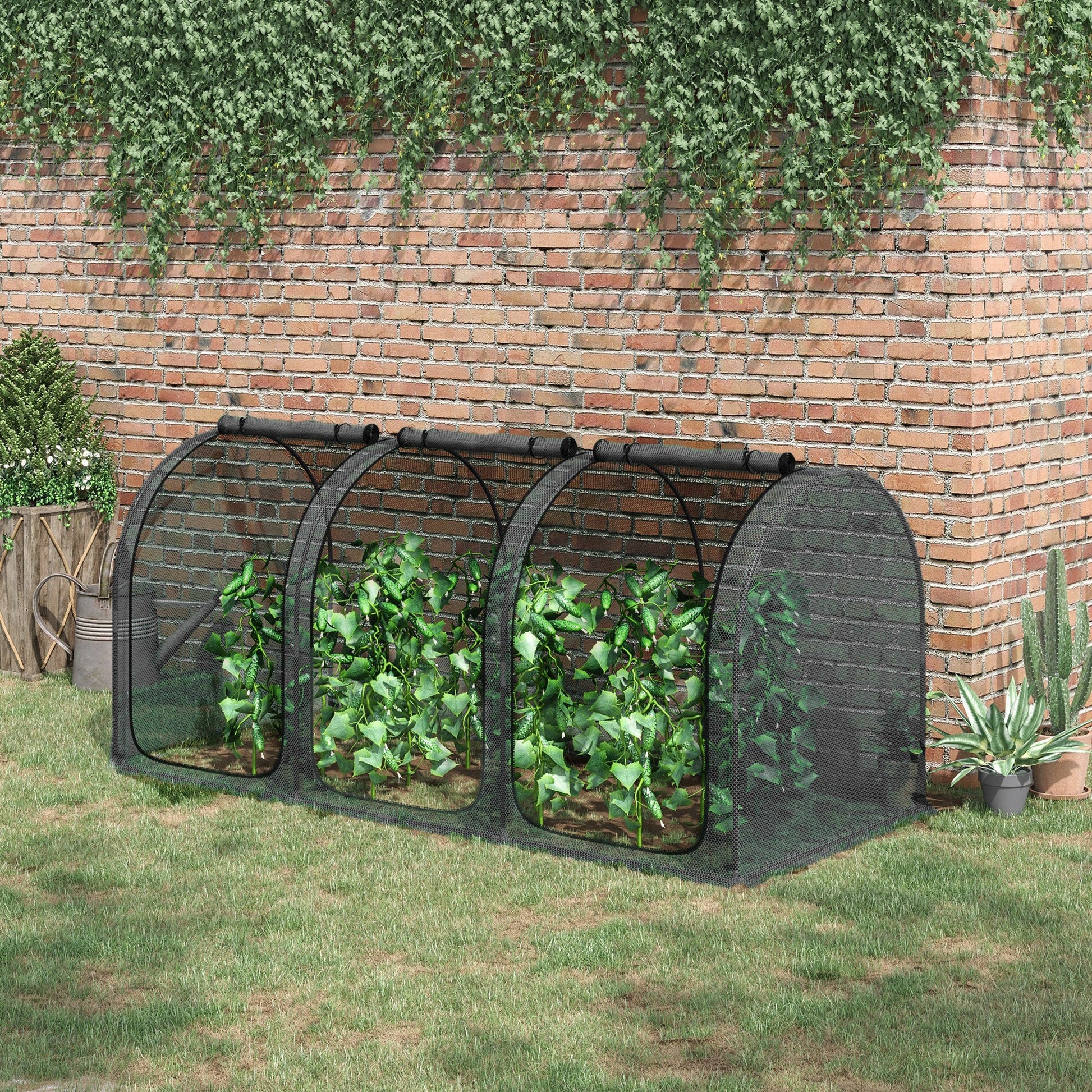 9' x 4' Crop Cage, Plant Protection Tent, with Three Zippered Doors and 4 Ground Stakes, for Garden, Yard, Lawn, Black
