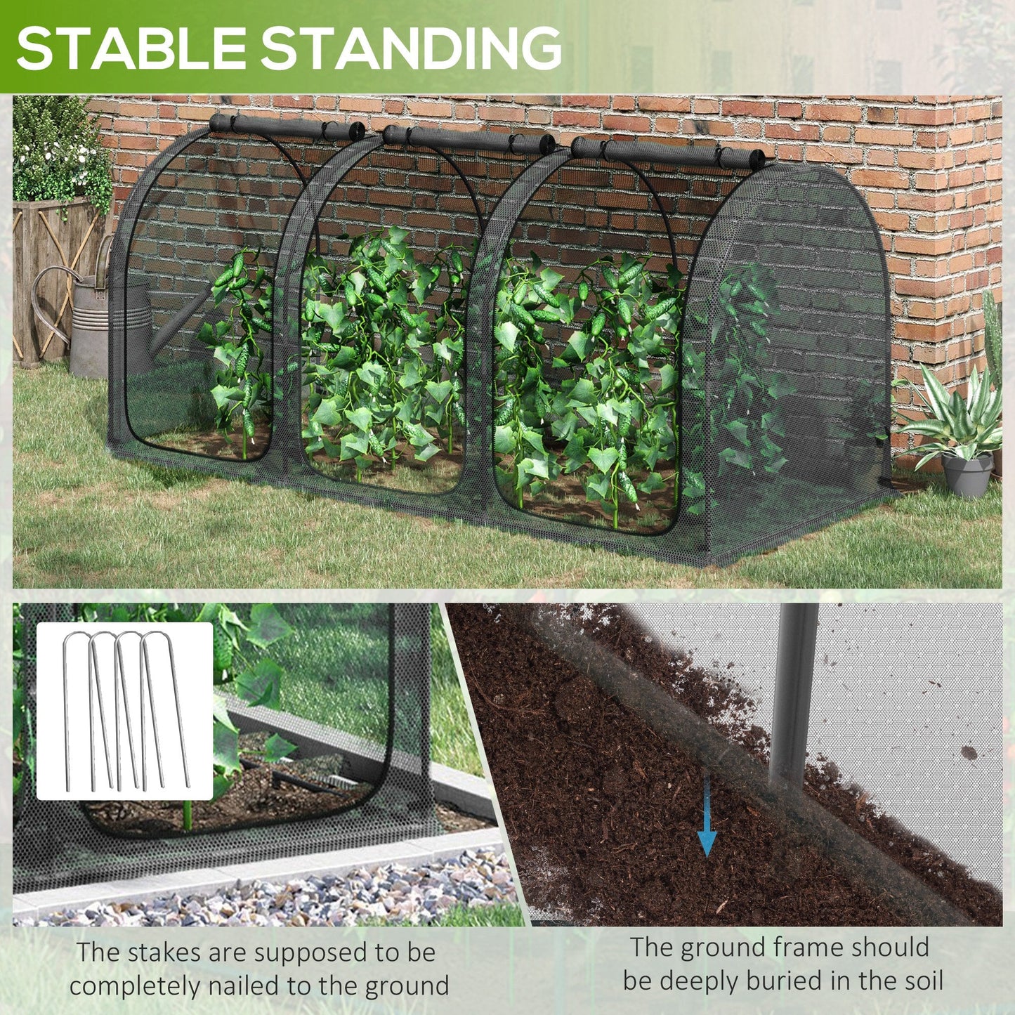 9' x 4' Crop Cage, Plant Protection Tent, with Three Zippered Doors and 4 Ground Stakes, for Garden, Yard, Lawn, Black
