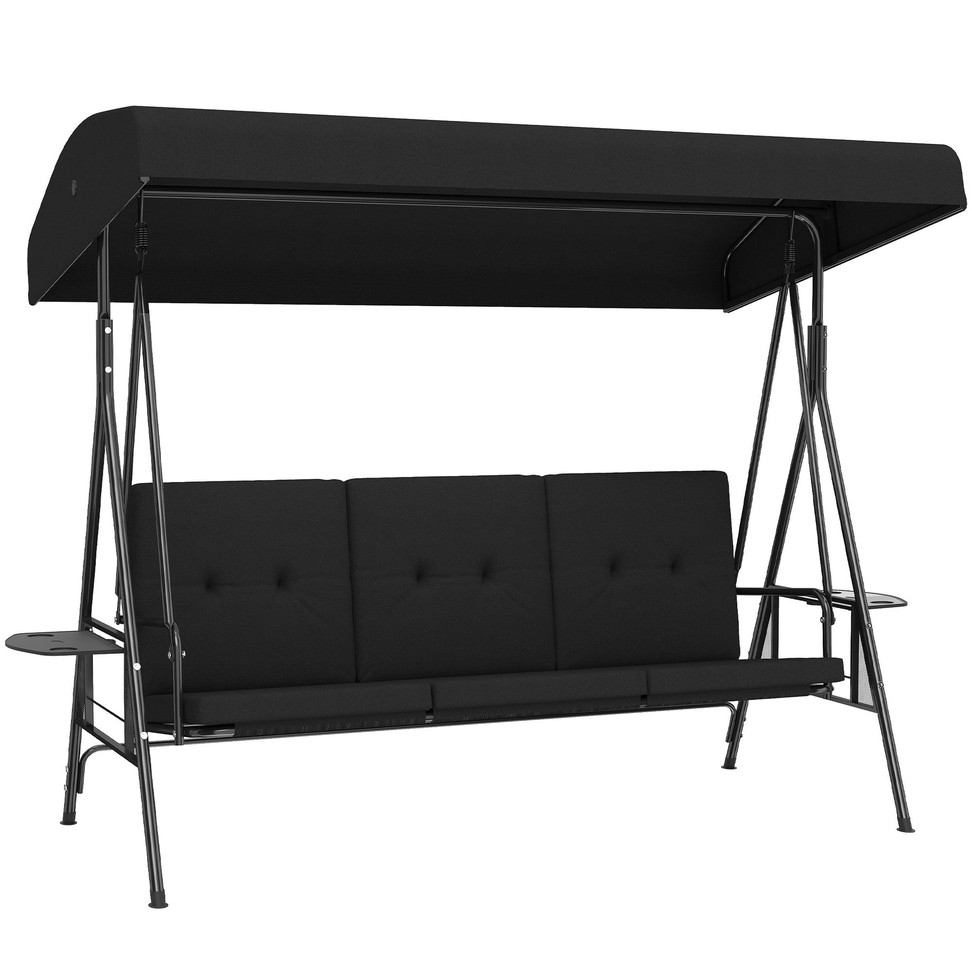 3-Seat Patio Swing Chair, Outdoor Porch Swing Glider with Adjustable Canopy, Side Tray, Removable Cushion, Steel Frame, Breathable Mesh Seat for Garden, Poolside, Black