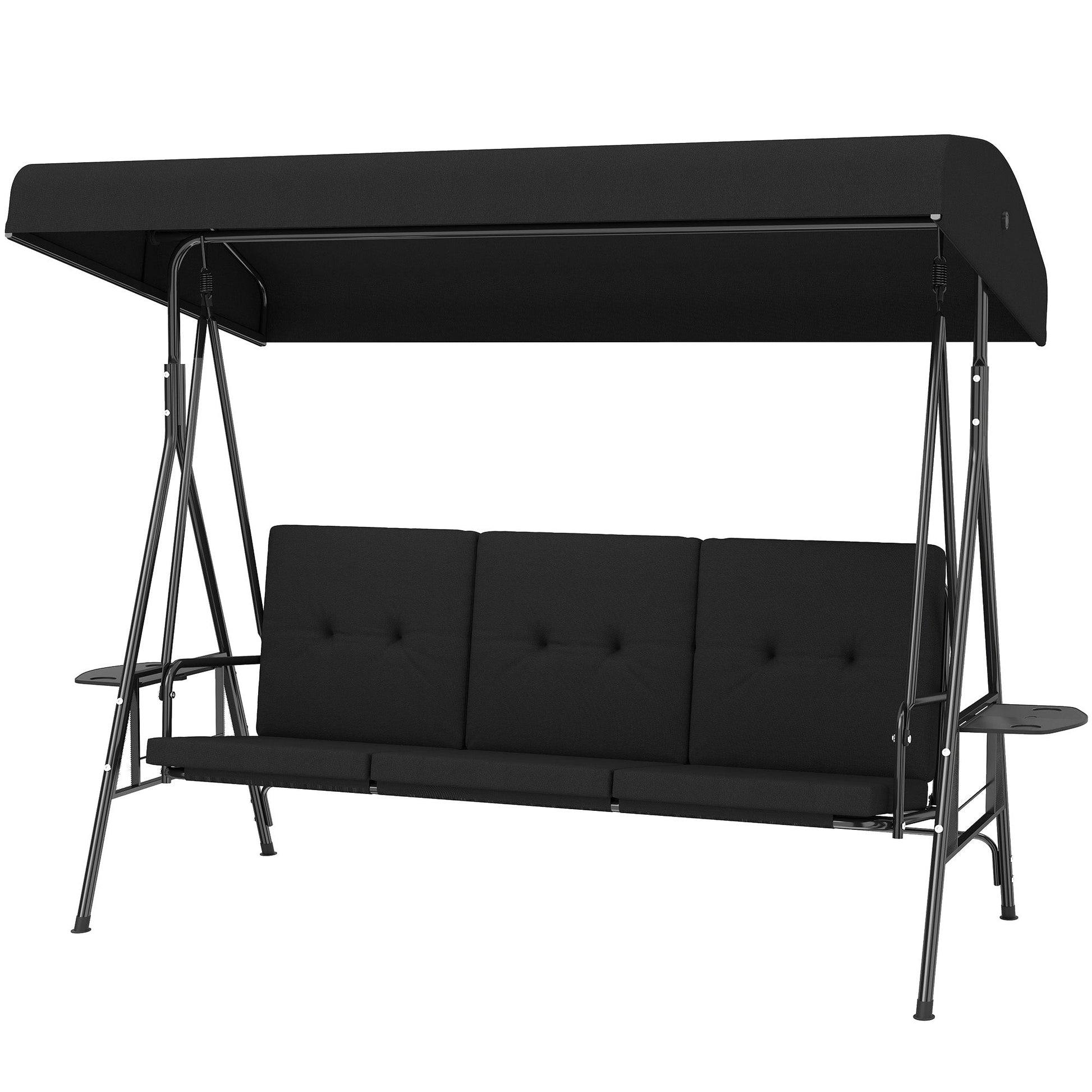 3-Seat Patio Swing Chair, Outdoor Porch Swing Glider with Adjustable Canopy, Side Tray, Removable Cushion, Steel Frame, Breathable Mesh Seat for Garden, Poolside, Black