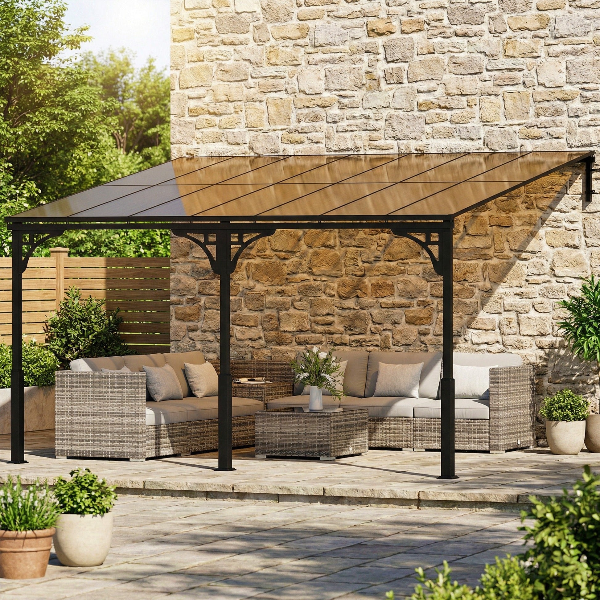 13' x 10' Lean to Gazebo, Hardtop Wall Mounted Outdoor Pergola with Polycarbonate Roof and Metal-Aluminium Frame, Heavy Duty Metal Pergola for Patio Deck Backyard, Brown