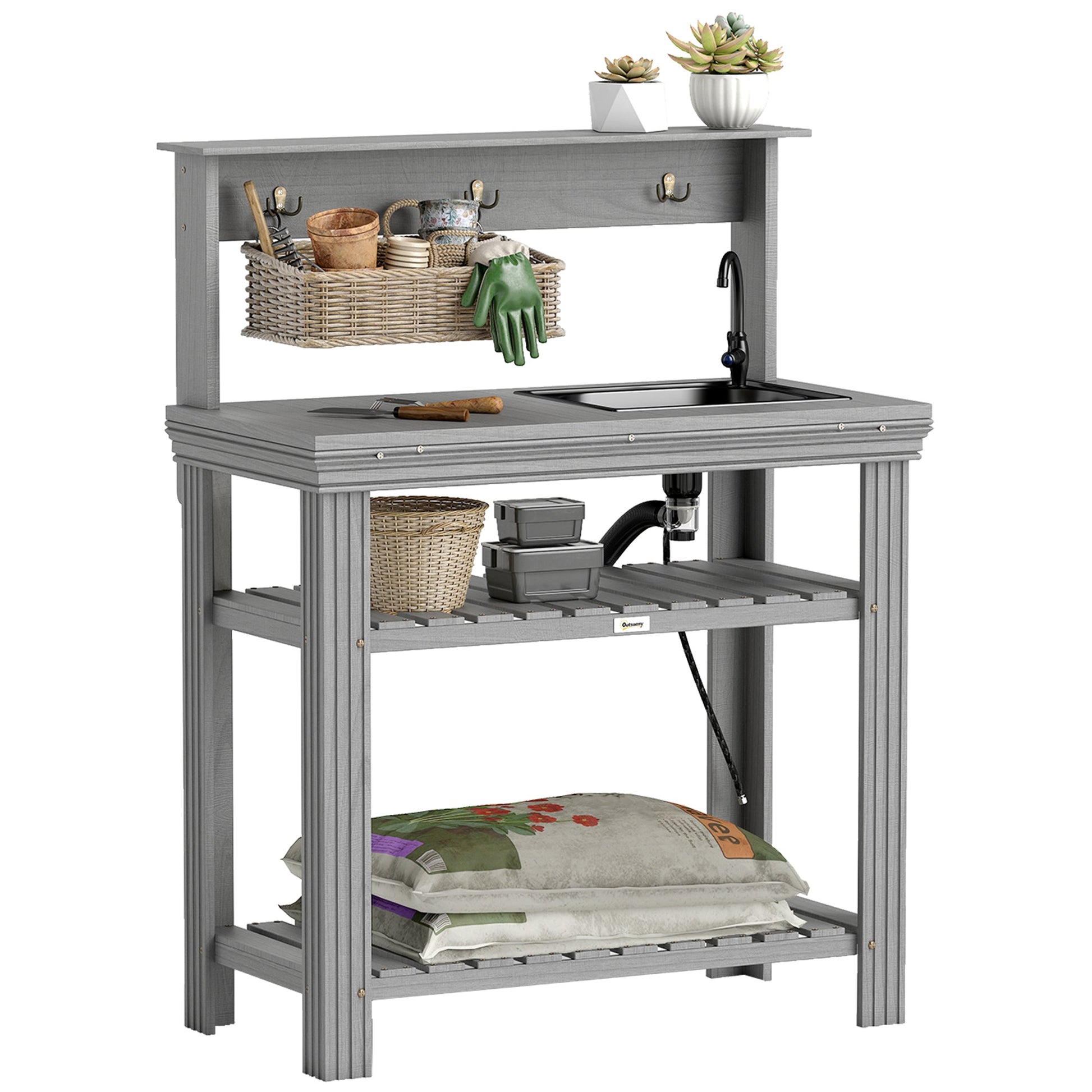 Outdoor Potting Bench Table with Faucet, Removable Sink, Hooks and Storage Shelves, Wood Work Bench Workstation for Greenhouse, Garden, Patio, Grey