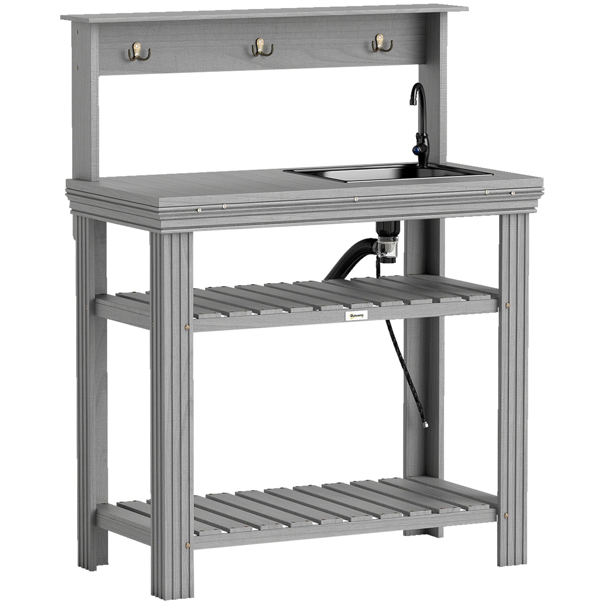 Outdoor Potting Bench Table with Faucet, Removable Sink, Hooks and Storage Shelves, Wood Work Bench Workstation for Greenhouse, Garden, Patio, Grey
