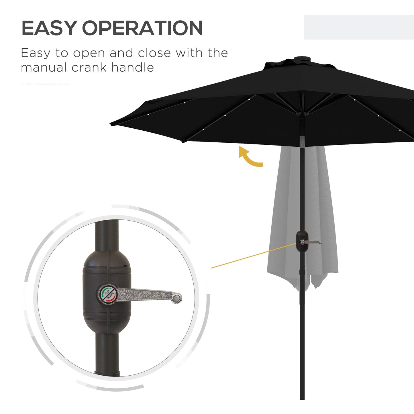 9ft Solar Patio Umbrella Outdoor Sunshade 24 LED Lights Tilt Canopy, Black