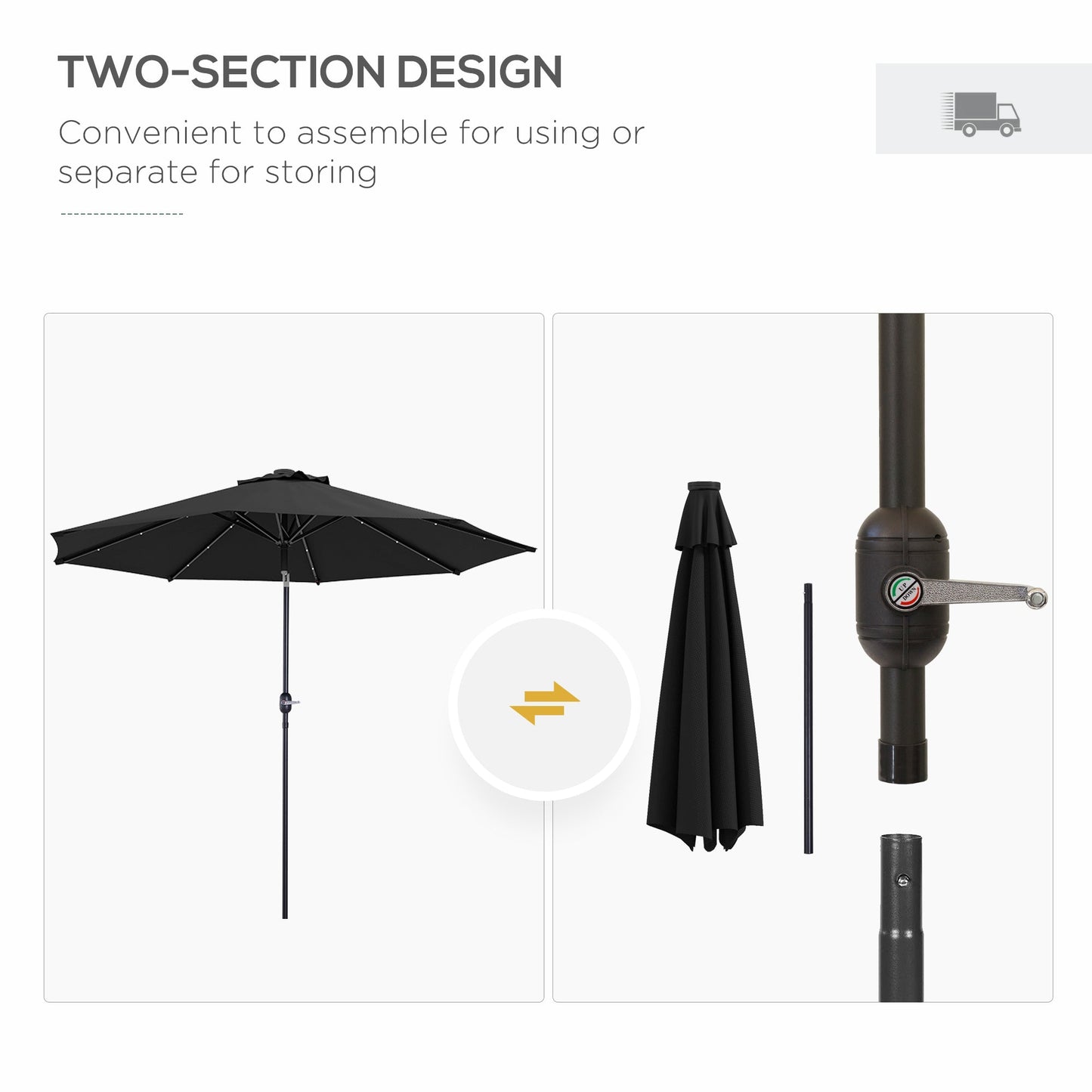 9ft Solar Patio Umbrella Outdoor Sunshade 24 LED Lights Tilt Canopy, Black
