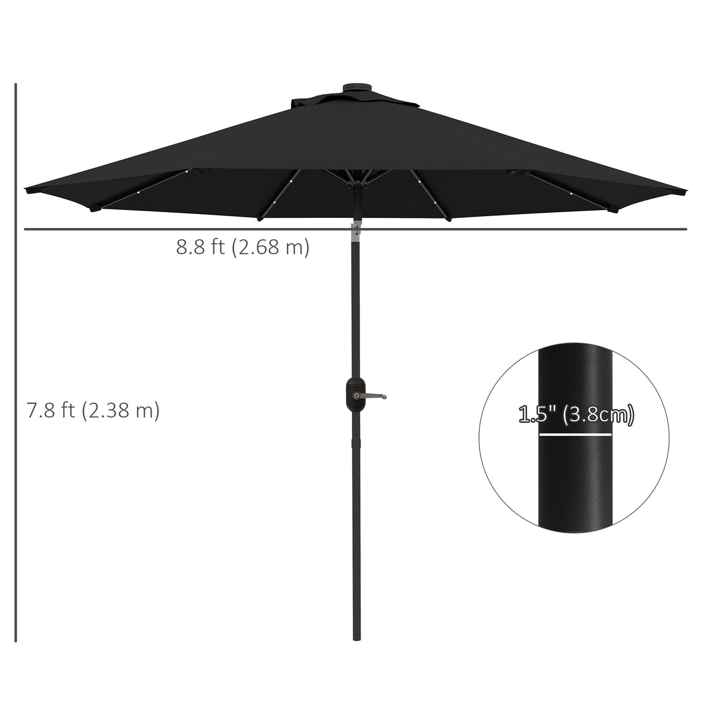 9ft Solar Patio Umbrella Outdoor Sunshade 24 LED Lights Tilt Canopy, Black