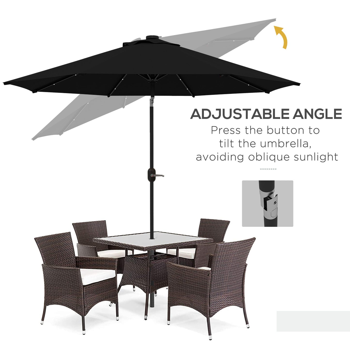9ft Solar Patio Umbrella Outdoor Sunshade 24 LED Lights Tilt Canopy, Black