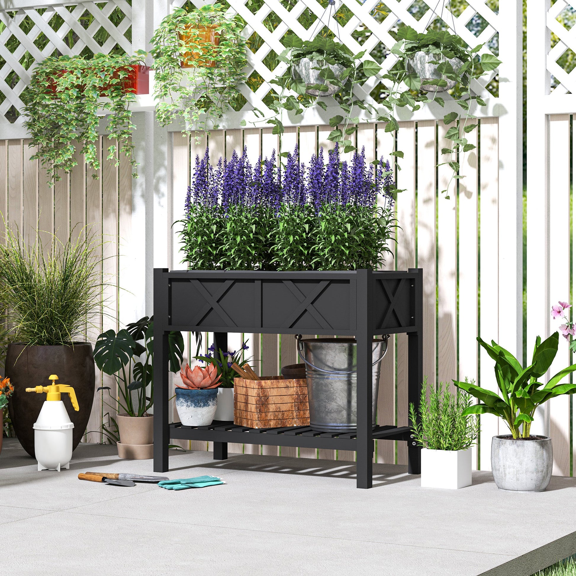 Wooden Raised Garden Bed, Elevated Planter Box with Storage Shelf, Drainage Holes and Liner for Backyard, Patio, Balcony, 34" x 18" x 30", Black