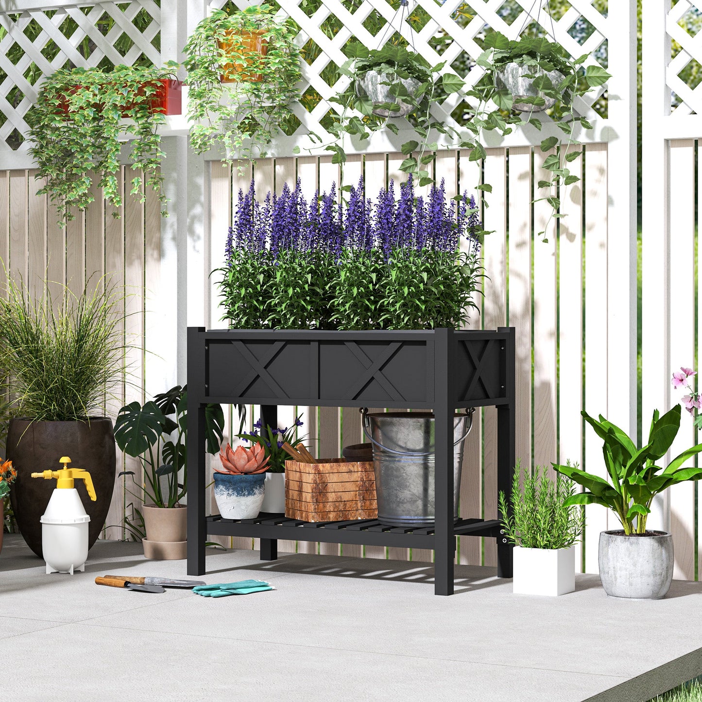 Wooden Raised Garden Bed, Elevated Planter Box with Storage Shelf, Drainage Holes and Liner for Backyard, Patio, Balcony, 34" x 18" x 30", Black