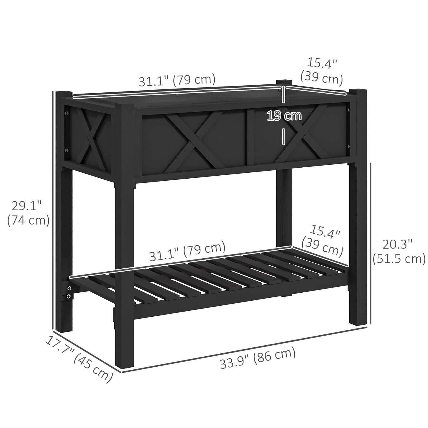 Wooden Raised Garden Bed, Elevated Planter Box with Storage Shelf, Drainage Holes and Liner for Backyard, Patio, Balcony, 34" x 18" x 30", Black