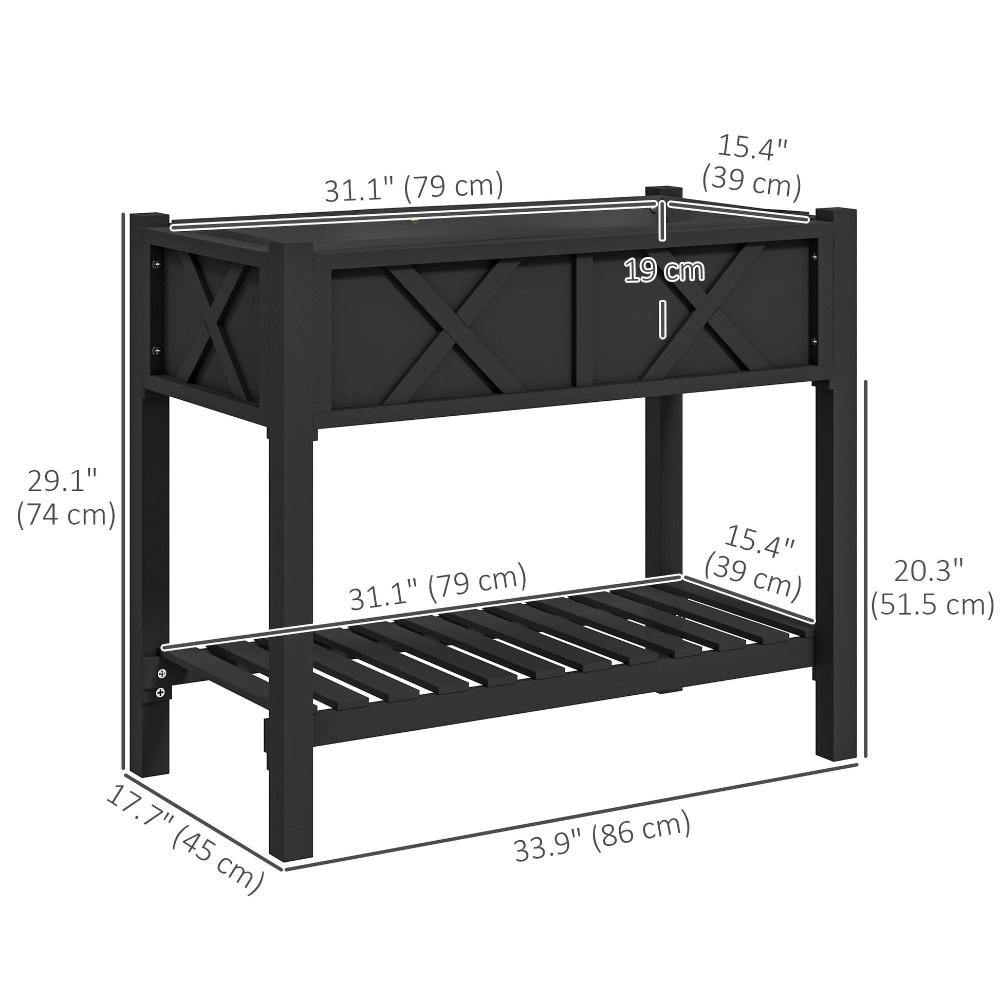 Wooden Raised Garden Bed, Elevated Planter Box with Storage Shelf, Drainage Holes and Liner for Backyard, Patio, Balcony, 34" x 18" x 30", Black