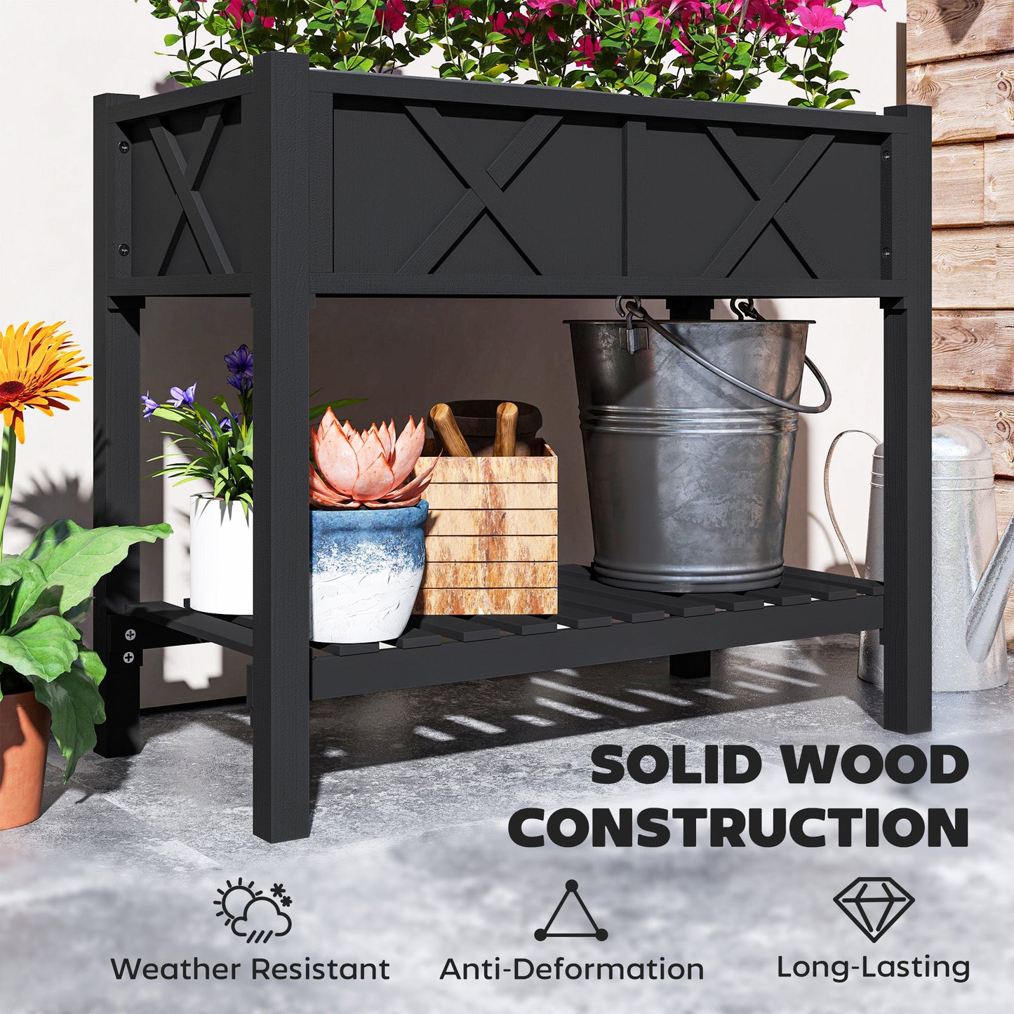 Wooden Raised Garden Bed, Elevated Planter Box with Storage Shelf, Drainage Holes and Liner for Backyard, Patio, Balcony, 34" x 18" x 30", Black