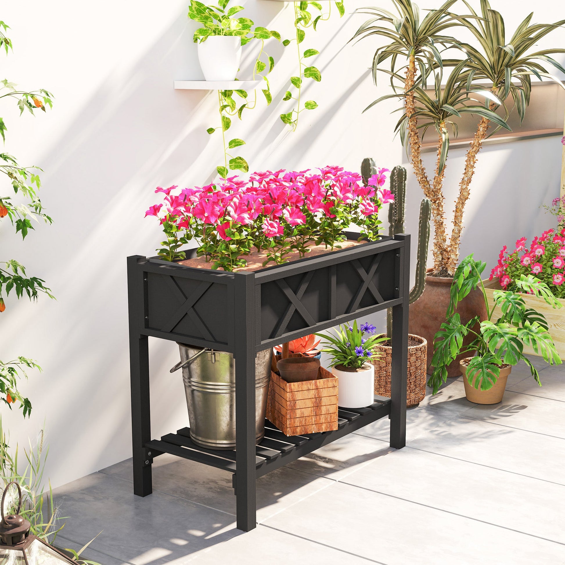 Wooden Raised Garden Bed, Elevated Planter Box with Storage Shelf, Drainage Holes and Liner for Backyard, Patio, Balcony, 34" x 18" x 30", Black