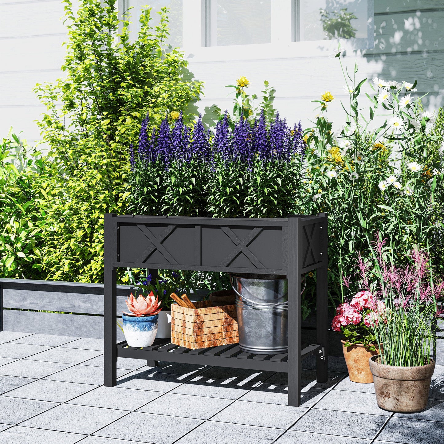 Wooden Raised Garden Bed, Elevated Planter Box with Storage Shelf, Drainage Holes and Liner for Backyard, Patio, Balcony, 34" x 18" x 30", Black