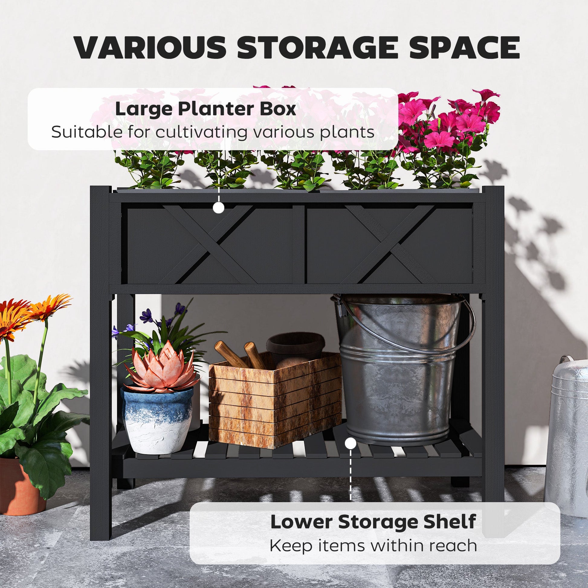 Wooden Raised Garden Bed, Elevated Planter Box with Storage Shelf, Drainage Holes and Liner for Backyard, Patio, Balcony, 34" x 18" x 30", Black