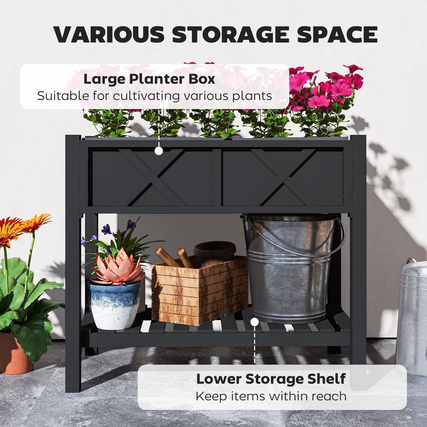 Wooden Raised Garden Bed, Elevated Planter Box with Storage Shelf, Drainage Holes and Liner for Backyard, Patio, Balcony, 34" x 18" x 30", Black