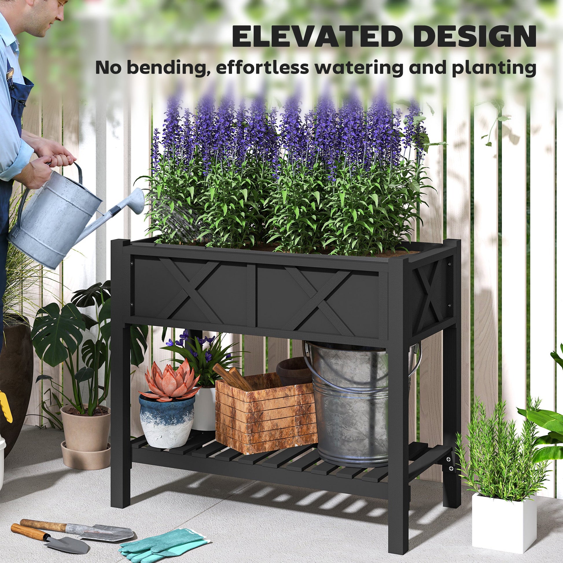 Wooden Raised Garden Bed, Elevated Planter Box with Storage Shelf, Drainage Holes and Liner for Backyard, Patio, Balcony, 34" x 18" x 30", Black