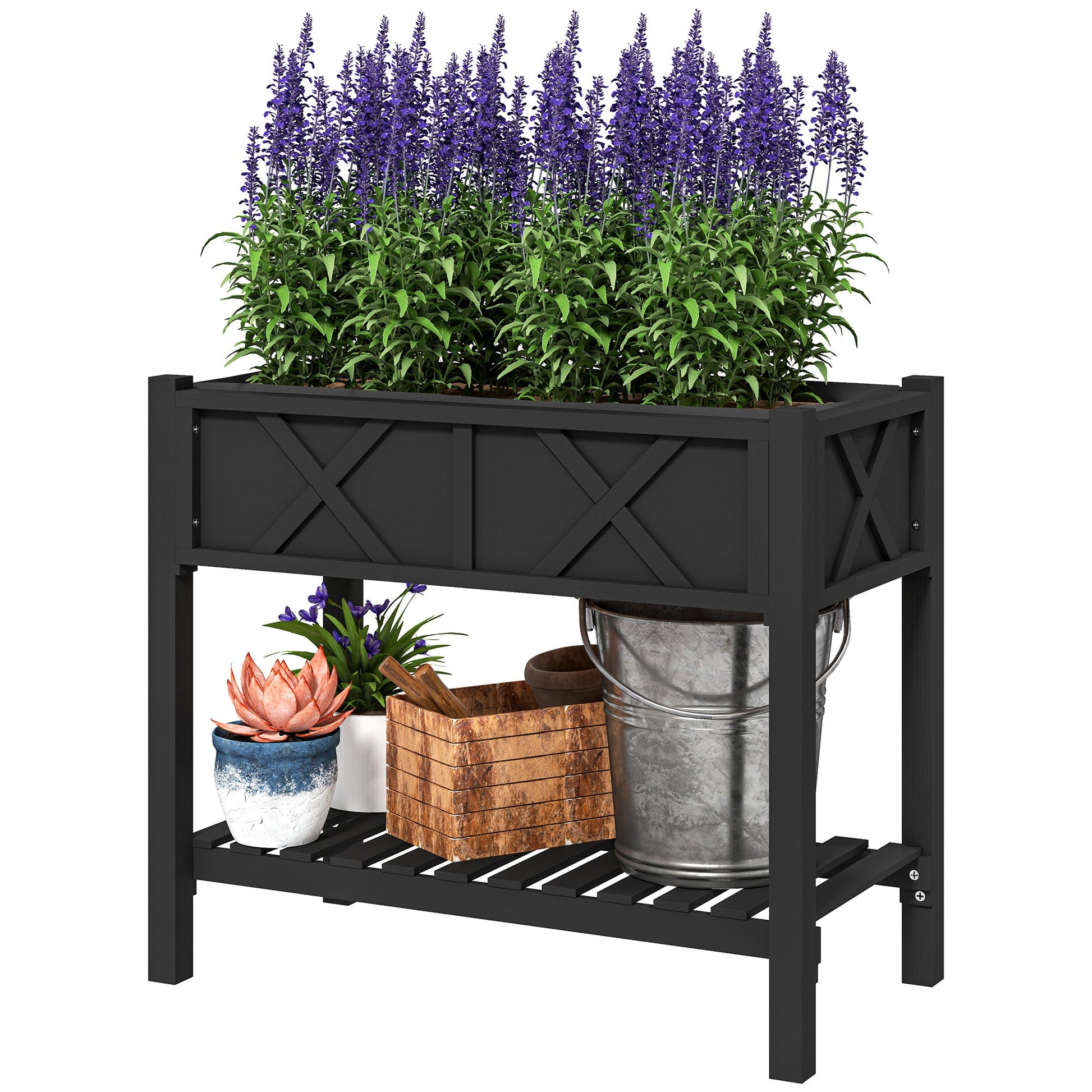 Wooden Raised Garden Bed, Elevated Planter Box with Storage Shelf, Drainage Holes and Liner for Backyard, Patio, Balcony, 34" x 18" x 30", Black