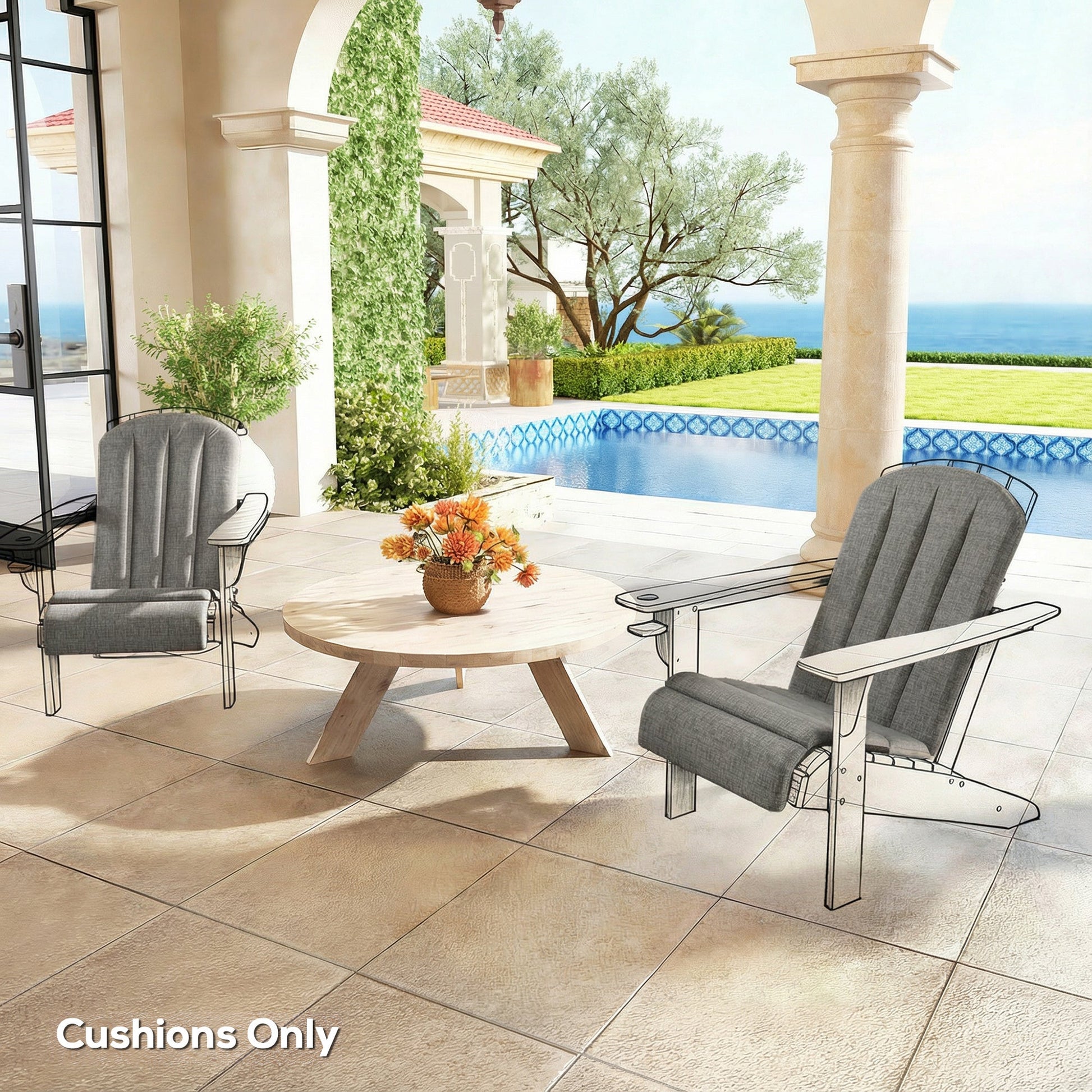 Adirondack Chair Cushion Set of 2, Outdoor Chair Cushions, High Back Patio Chair Cushions with Ties, Non-Slip Replacement Seat Cushion for Patio Furniture, Dark Grey