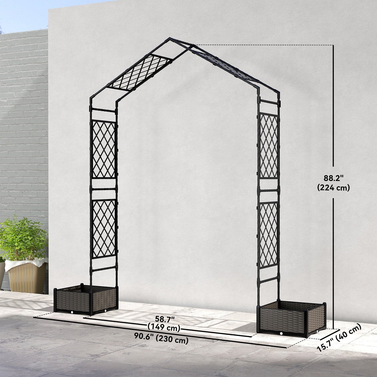 7.3ft Garden Arch with 2 Planter Boxes, PE-Coated Steel Outdoor Trellis Arbor for Climbing Plants, Wedding Arch for Party Outdoor Garden Backyard, Black