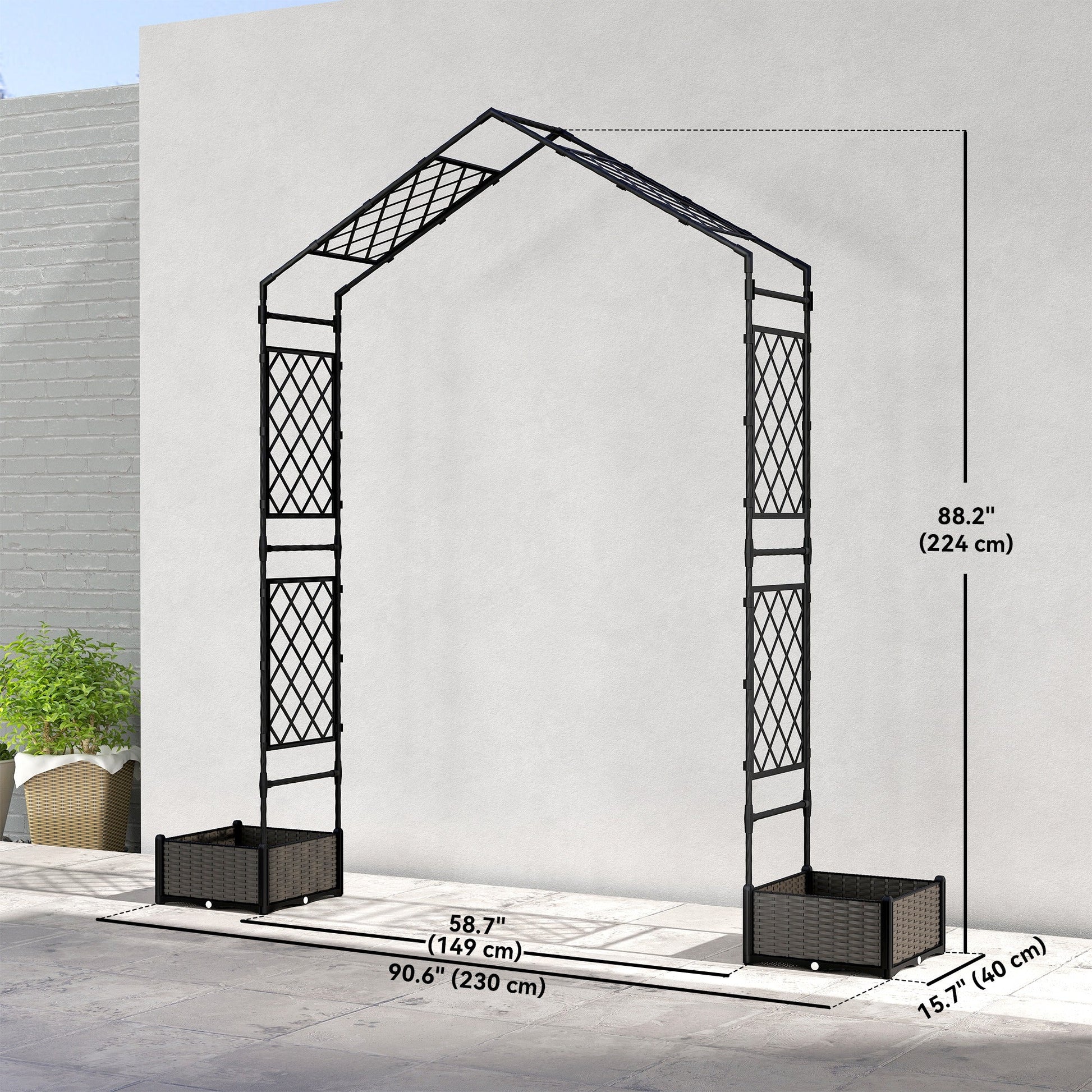 7.3ft Garden Arch with 2 Planter Boxes, PE-Coated Steel Outdoor Trellis Arbor for Climbing Plants, Wedding Arch for Party Outdoor Garden Backyard, Black