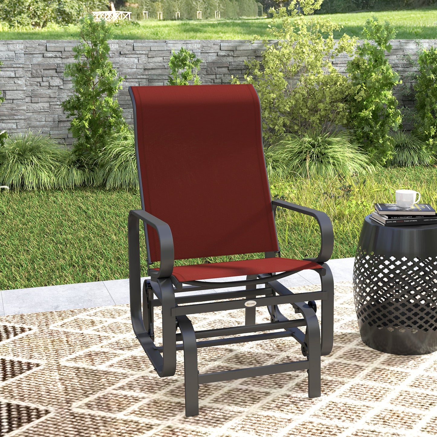 Patio Glider with Breathable Mesh Fabric, Outdoor Glider Chair, Garden Rocking Gliding Seat for Patio, Yard, Porch, Wine Red