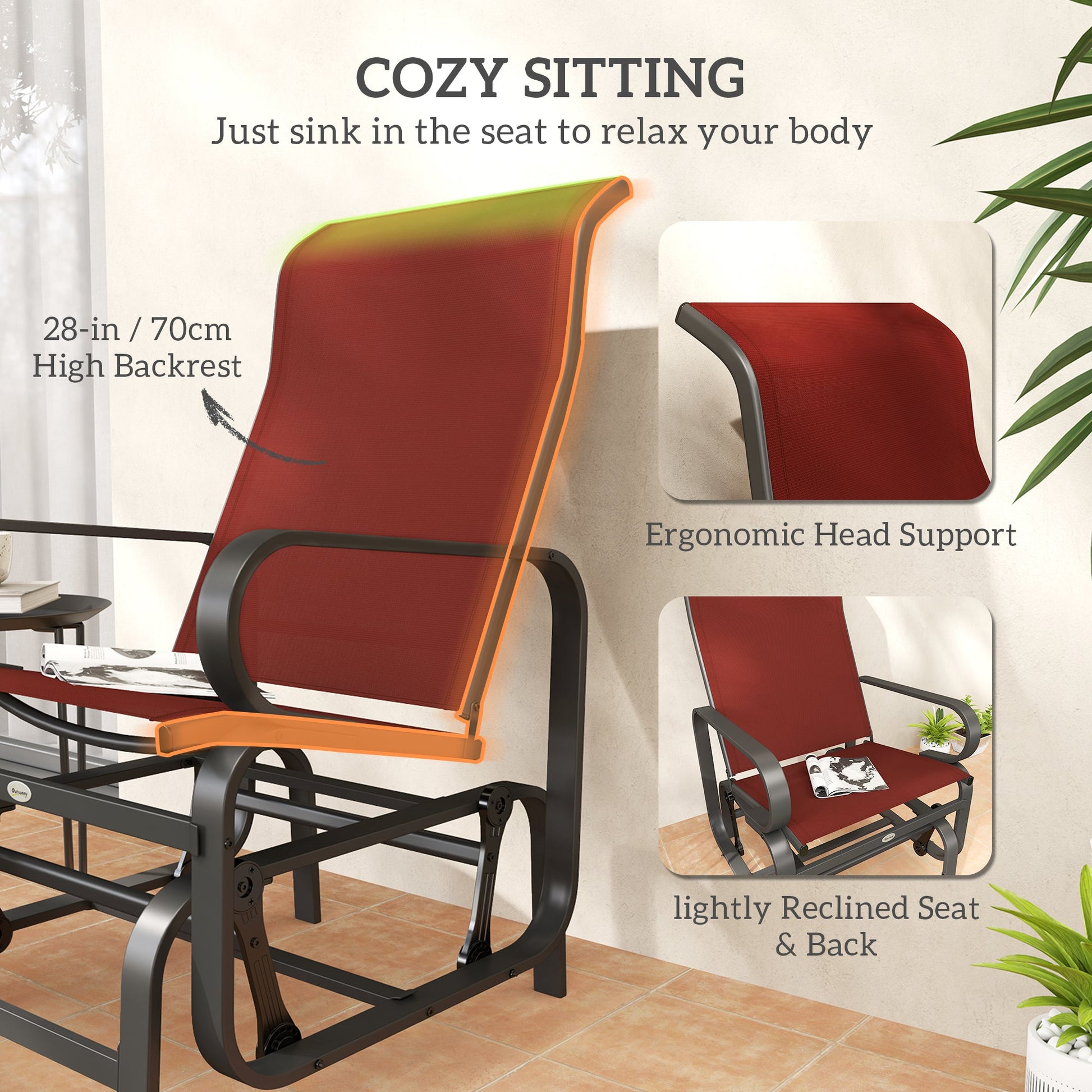 Patio Glider with Breathable Mesh Fabric, Outdoor Glider Chair, Garden Rocking Gliding Seat for Patio, Yard, Porch, Wine Red