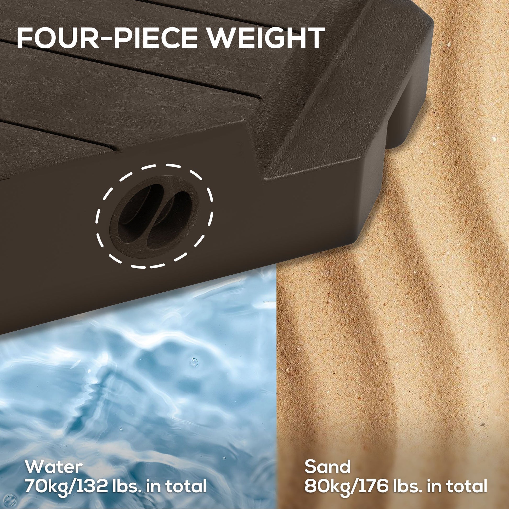 4 Piece Patio Cantilever Umbrella Base Weight Set, Outdoor Offset Umbrella Weights for Umbrella Stand, 132 lb. Capacity Water or 176 lb. Capacity Sand, Brown