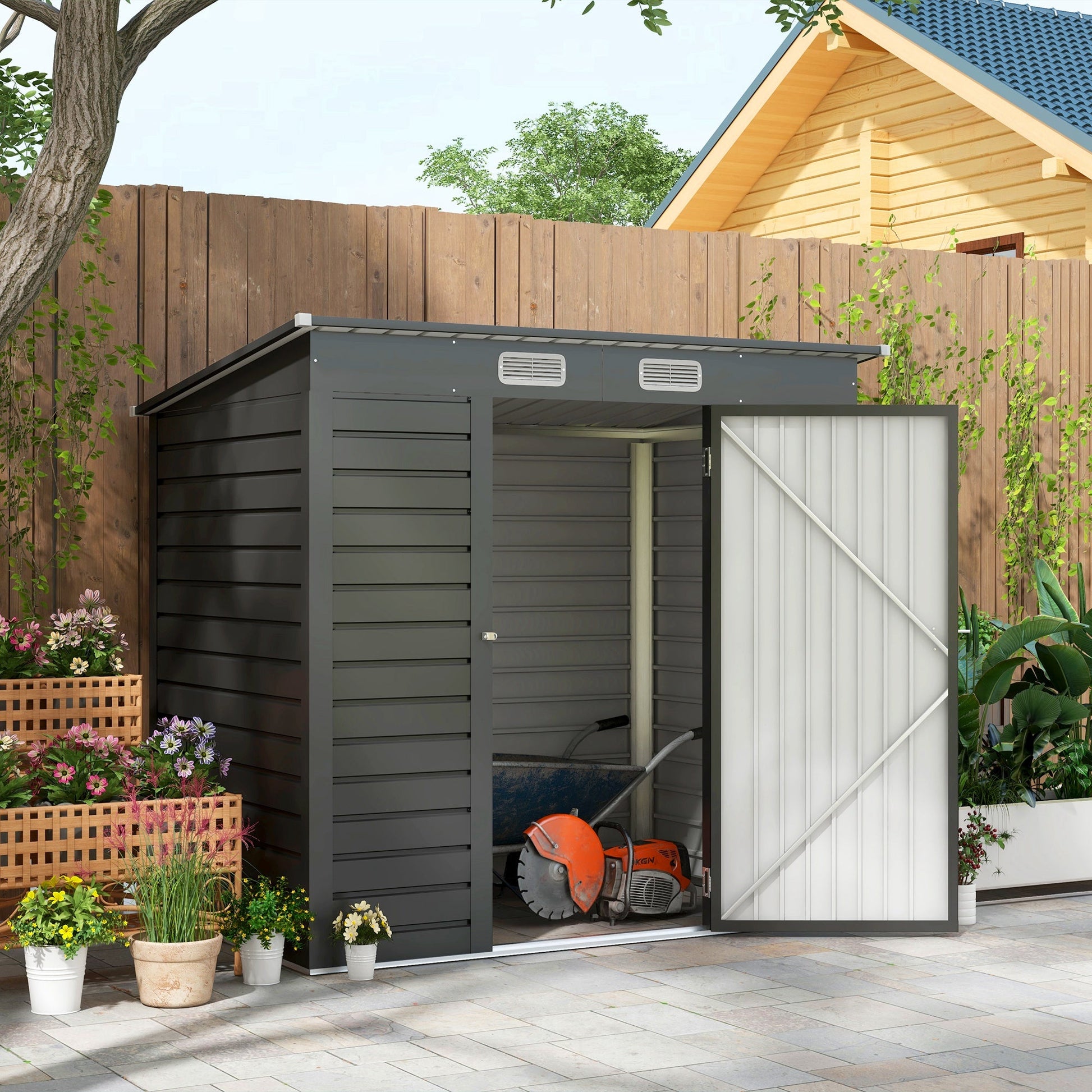 6 x 4FT Outdoor Storage Shed, Easy to Assemble Galvanized Metal Garden Shed, Waterproof Tool Shed with Lockable Door and 2 Vents for Backyard, Lawn, Patio, Grey