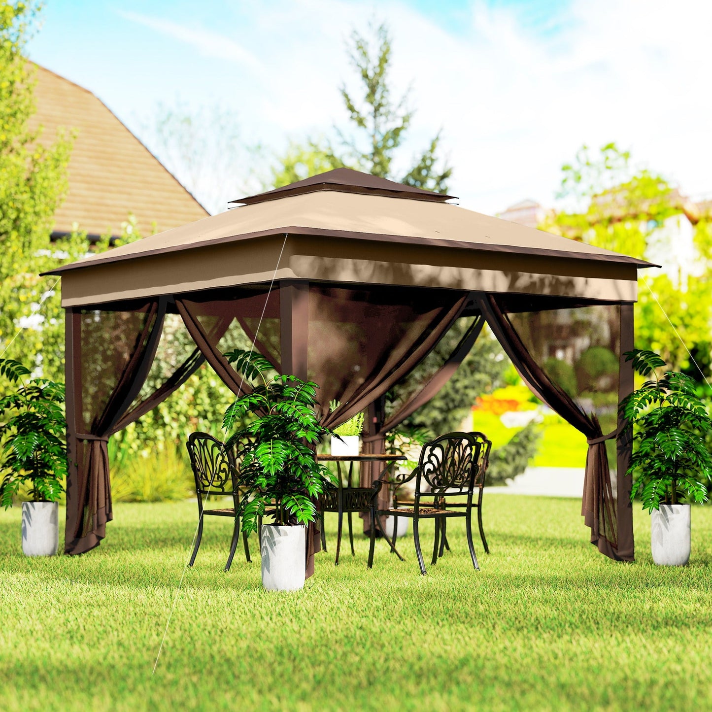 10.7 x 10.7ft Pop Up Camping Gazebo, Height Adjustable Instant Sun Shelter with UV30+ Roof Cover, Removable Mesh Curtains and Carrying Bag for Patio, Backyard, Beige