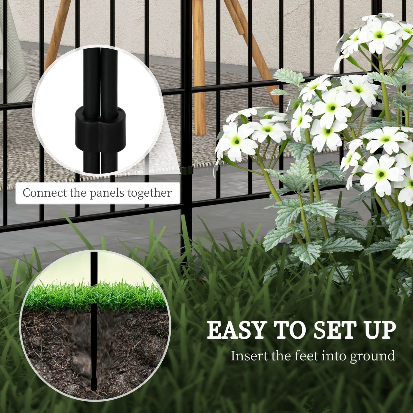 8 Panels Decorative Garden Fence, 24in x 8.7ft Rustproof Metal Wire, No Dig Fencing, Landscape Flower Bed Border Edging Animal Barrier, Black