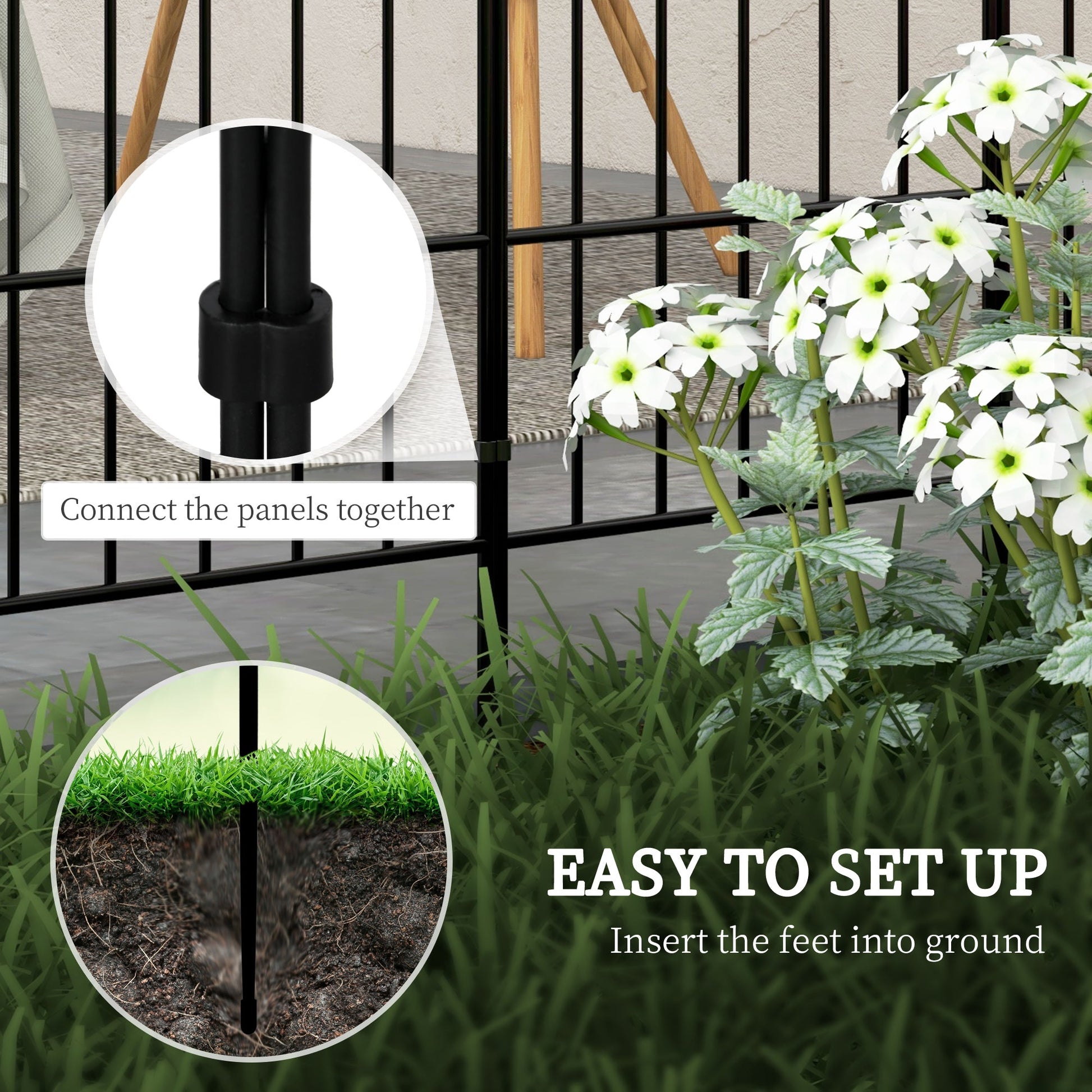 8 Panels Decorative Garden Fence, 24in x 8.7ft Rustproof Metal Wire, No Dig Fencing, Landscape Flower Bed Border Edging Animal Barrier, Black
