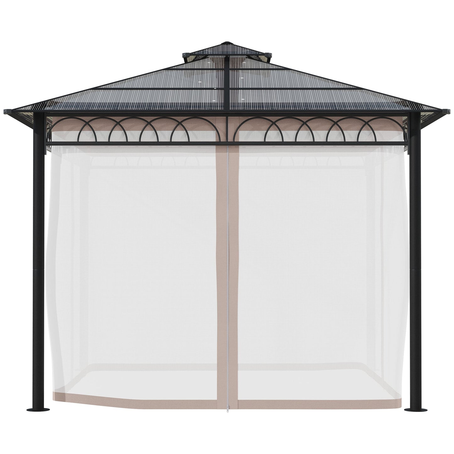 9' x 10' Outdoor Gazebo Canopy, Double Roof Hardtop Gazebo with Polycarbonate Roof, Steel Frame, Nettings and Curtains, for Garden, Lawn, Backyard and Deck, Khaki