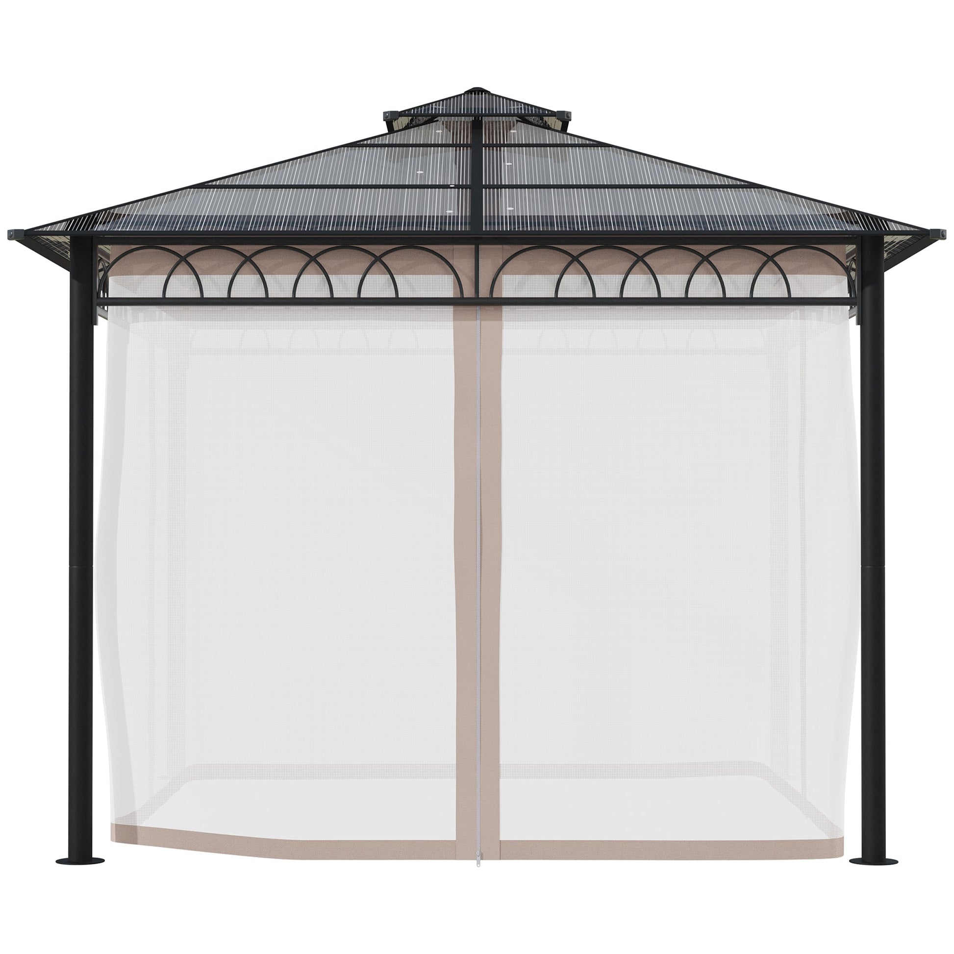 9' x 10' Outdoor Gazebo Canopy, Double Roof Hardtop Gazebo with Polycarbonate Roof, Steel Frame, Nettings and Curtains, for Garden, Lawn, Backyard and Deck, Khaki