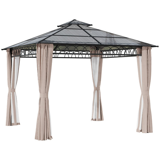 9' x 10' Outdoor Gazebo Canopy, Double Roof Hardtop Gazebo with Polycarbonate Roof, Steel Frame, Nettings and Curtains, for Garden, Lawn, Backyard and Deck, Khaki