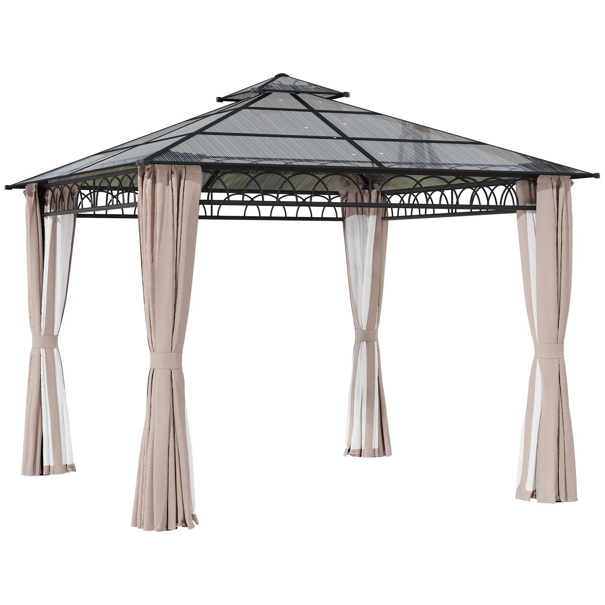 9' x 10' Outdoor Gazebo Canopy, Double Roof Hardtop Gazebo with Polycarbonate Roof, Steel Frame, Nettings and Curtains, for Garden, Lawn, Backyard and Deck, Khaki